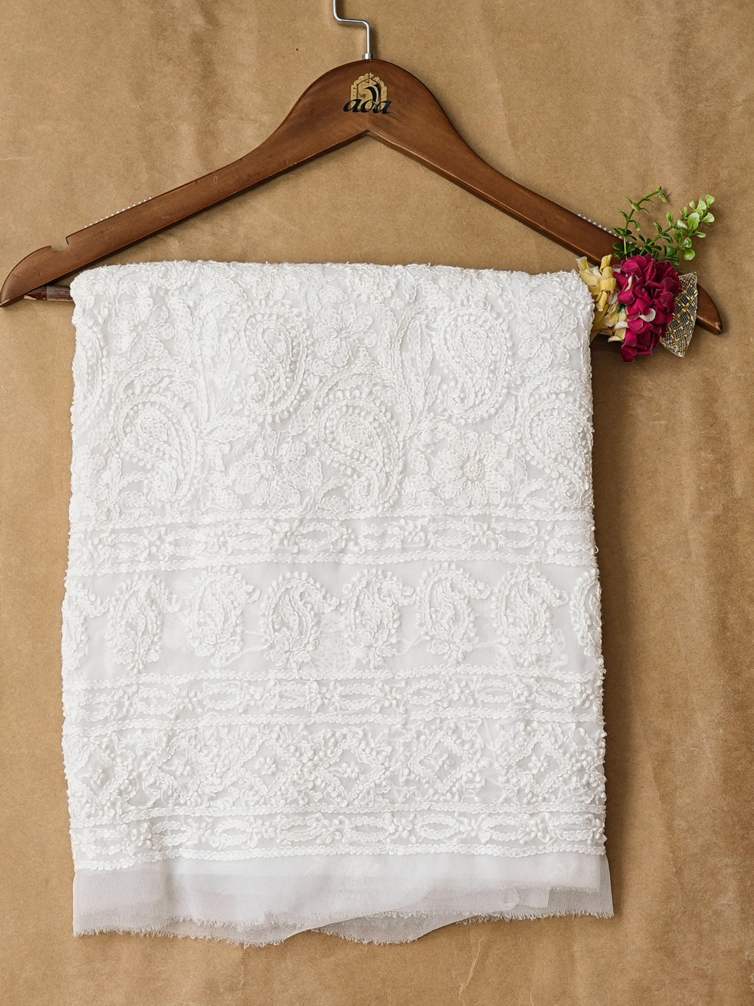 Ada Hand Embroidered White Faux Georgette Lucknowi Chikankari Unstitched Kurta 01A844137
