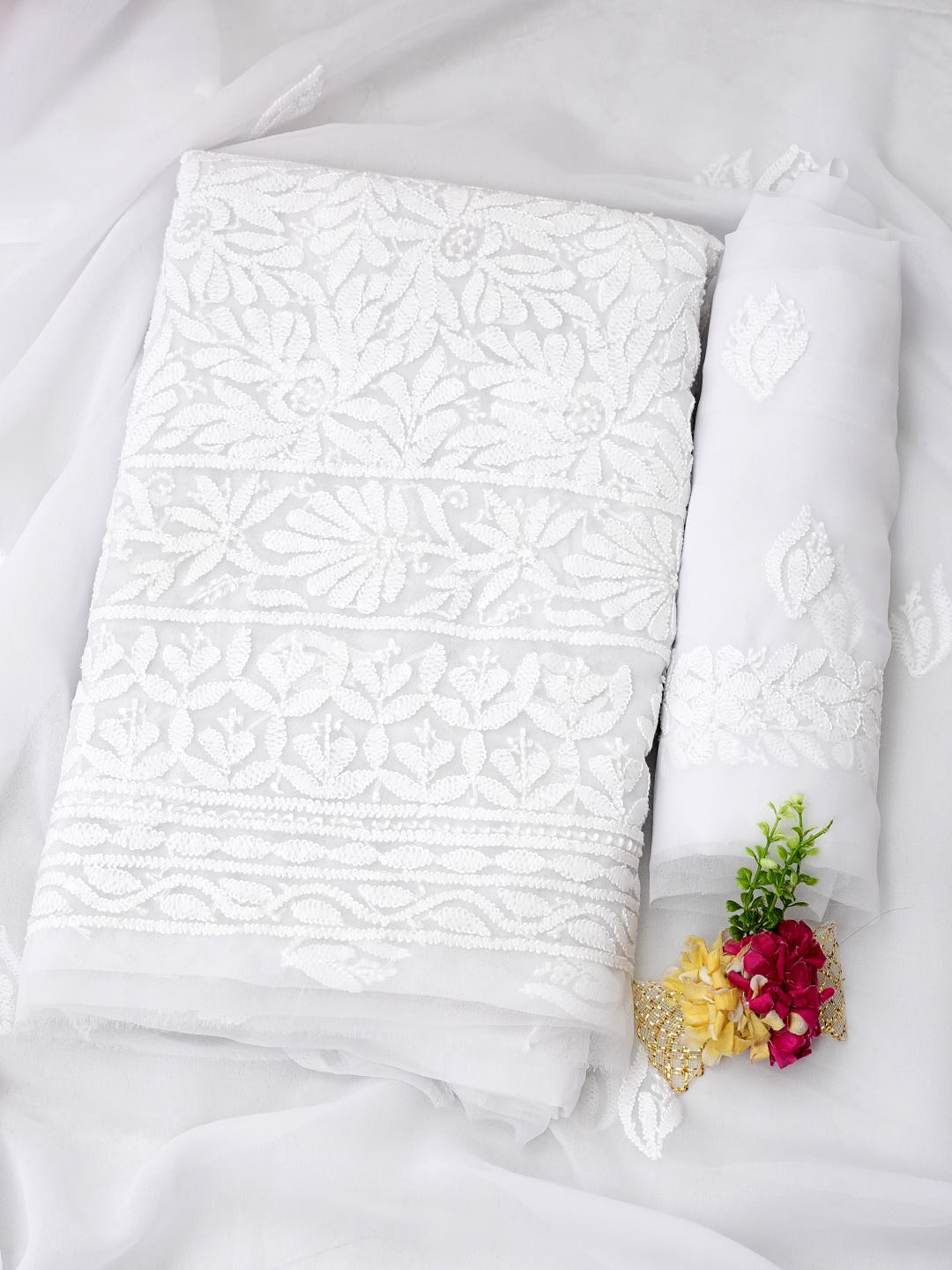 Ada Hand Embroidered White Faux Georgette Lucknowi Chikankari Unstitched Suit Piece 01A1002692