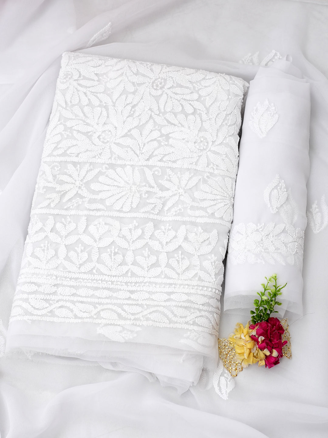 Ada Hand Embroidered White Faux Georgette Lucknowi Chikankari Unstitched Suit Piece 01A1002692