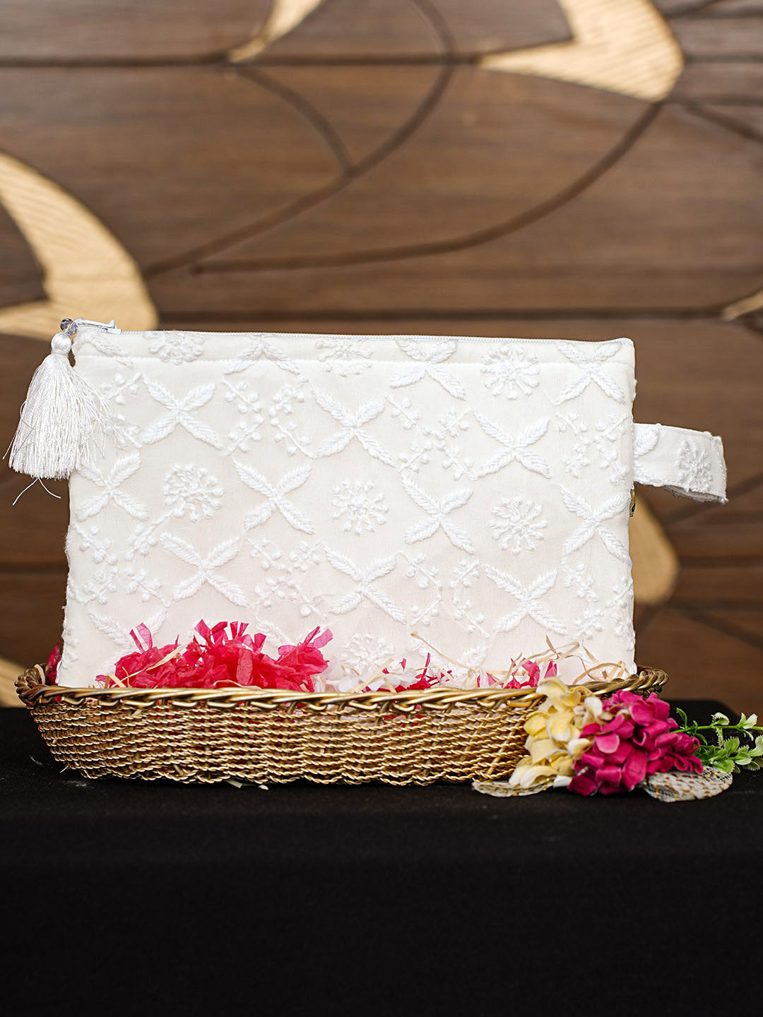Ada Hand Embroidered White Georgette Lucknowi Chikankari Pouch 01A965109