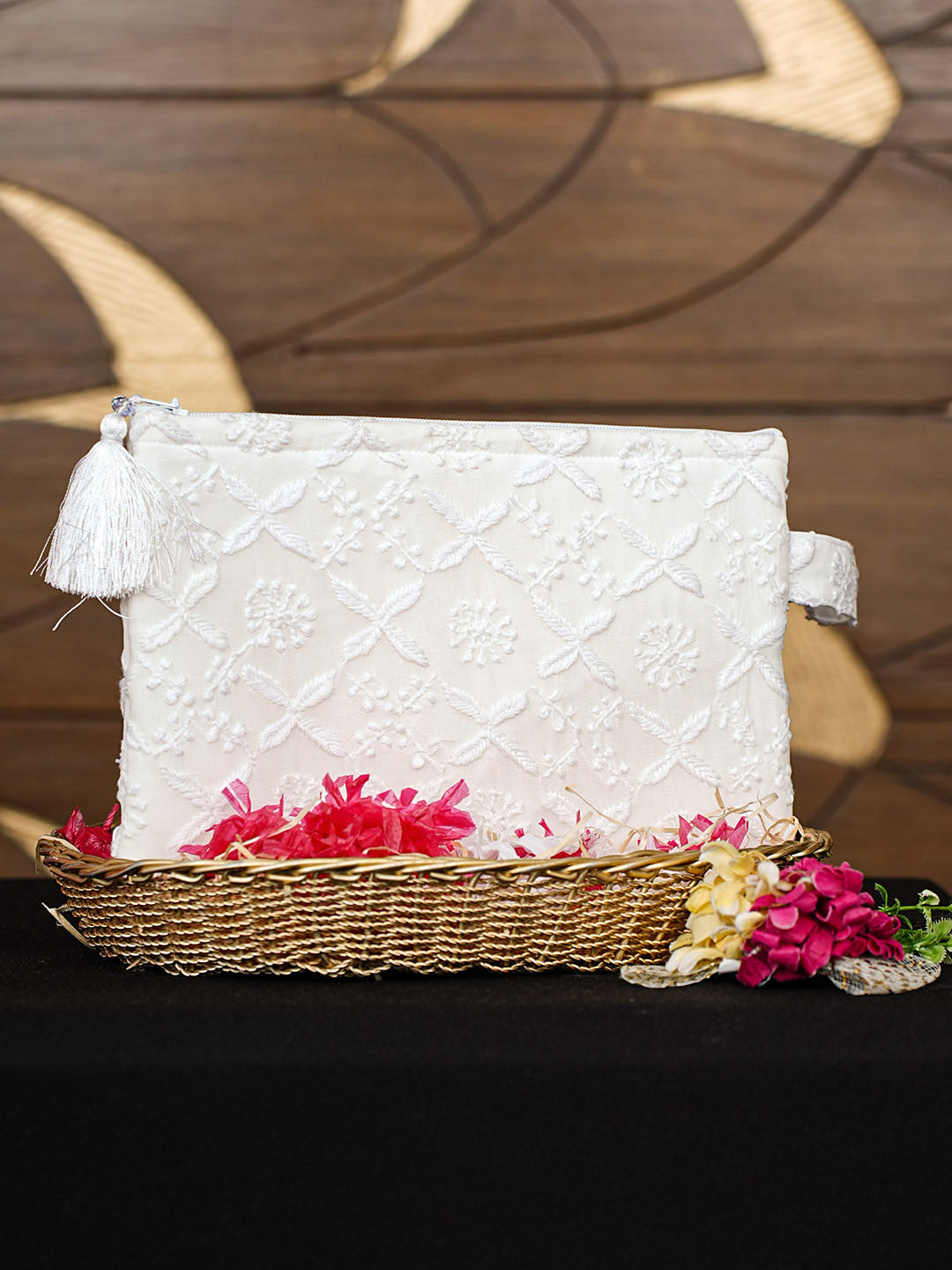 Ada Hand Embroidered White Georgette Lucknowi Chikankari Pouch 01A965109