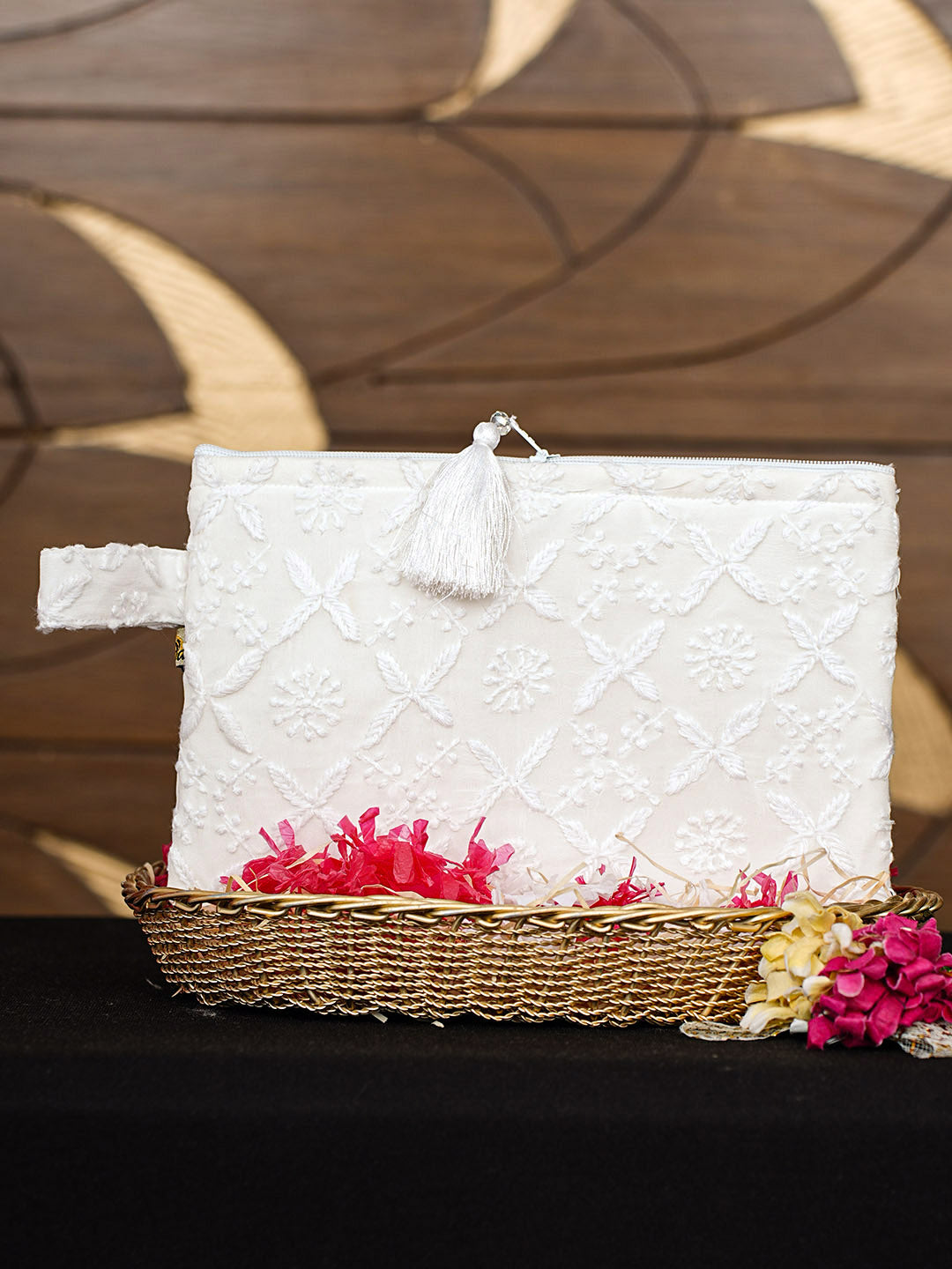Ada Hand Embroidered White Georgette Lucknowi Chikankari Pouch 01A965109