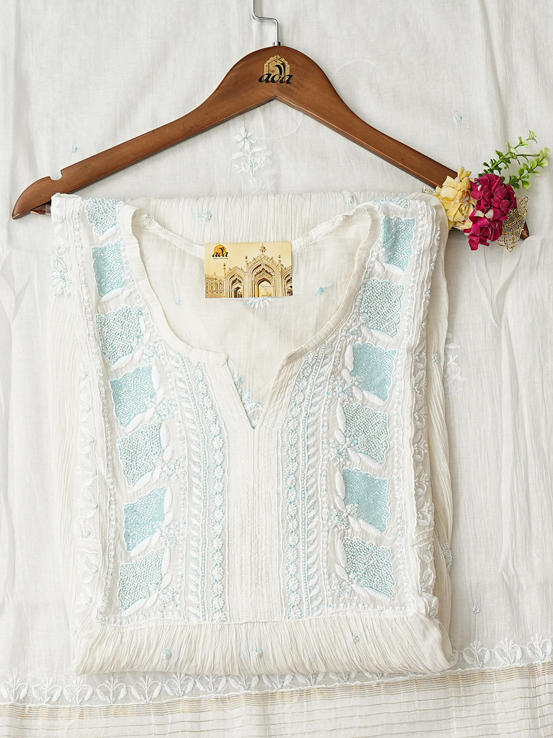 Ada Hand Embroidered White Ivory Chanderi Lucknowi Chikankari Semi Stitched A-Line Kurta Dupatta Set with Cutdana Work 01A989305