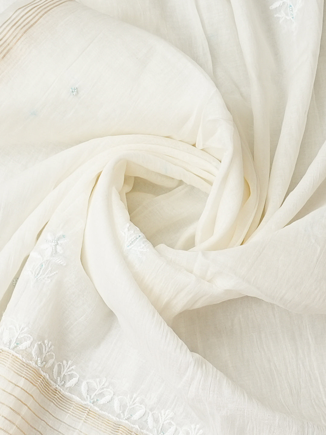Ada Hand Embroidered White Ivory Chanderi Lucknowi Chikankari Semi Stitched A-Line Kurta Dupatta Set with Cutdana Work 01A989305