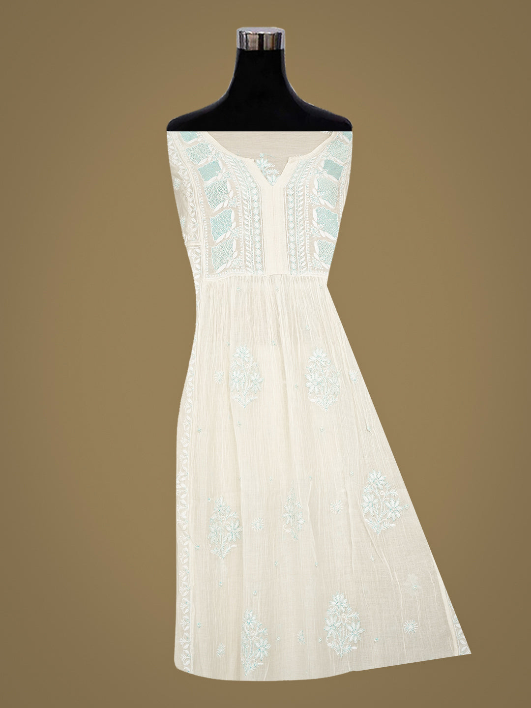 Ada Hand Embroidered White Ivory Chanderi Lucknowi Chikankari Semi Stitched A-Line Kurta Dupatta Set with Cutdana Work 01A989305