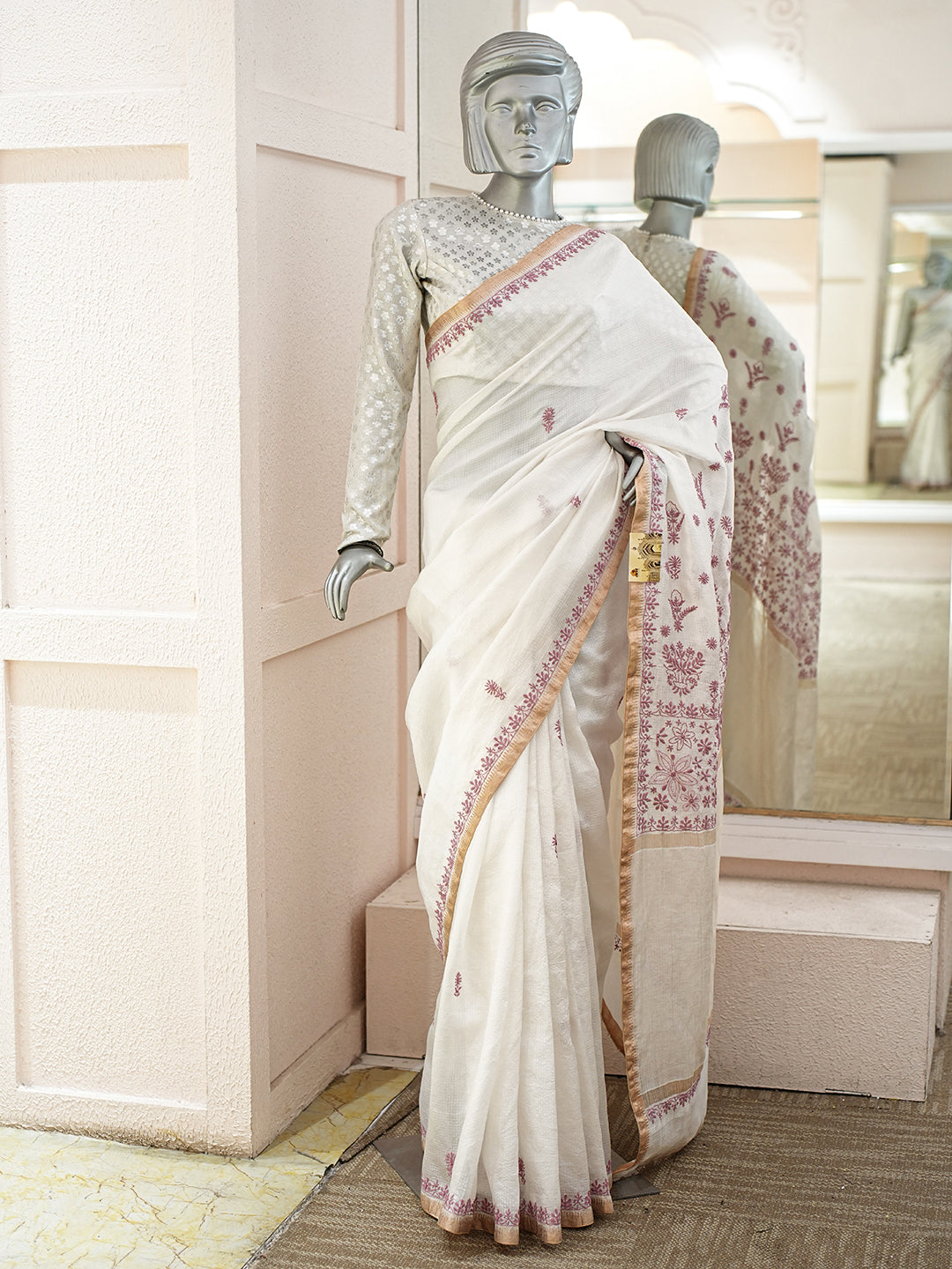 Ada Hand Embroidered White Ivory Kota Silk Lucknowi Chikankari Saree and Blouse 07A500430