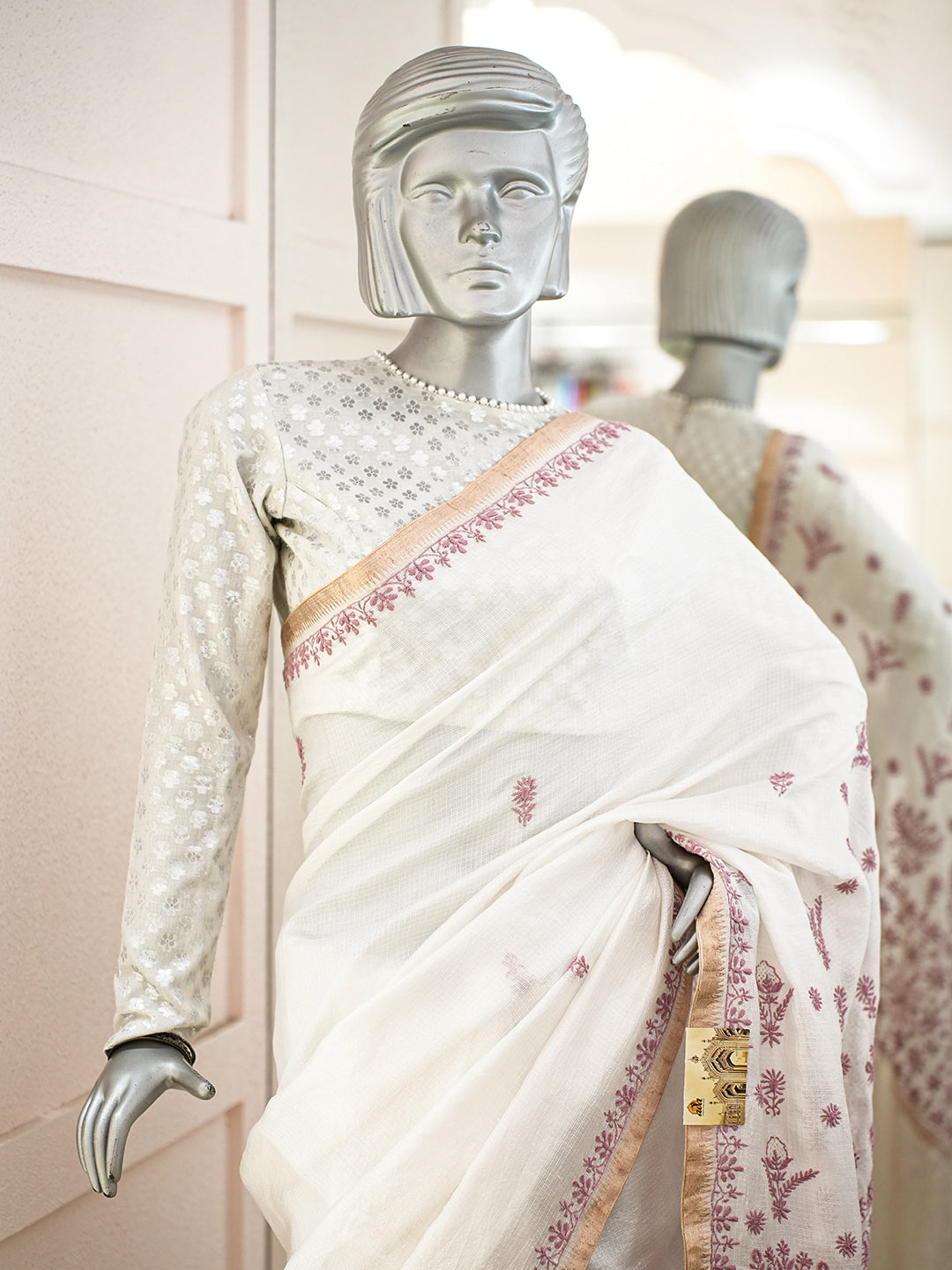 Ada Hand Embroidered White Ivory Kota Silk Lucknowi Chikankari Saree and Blouse 07A500430
