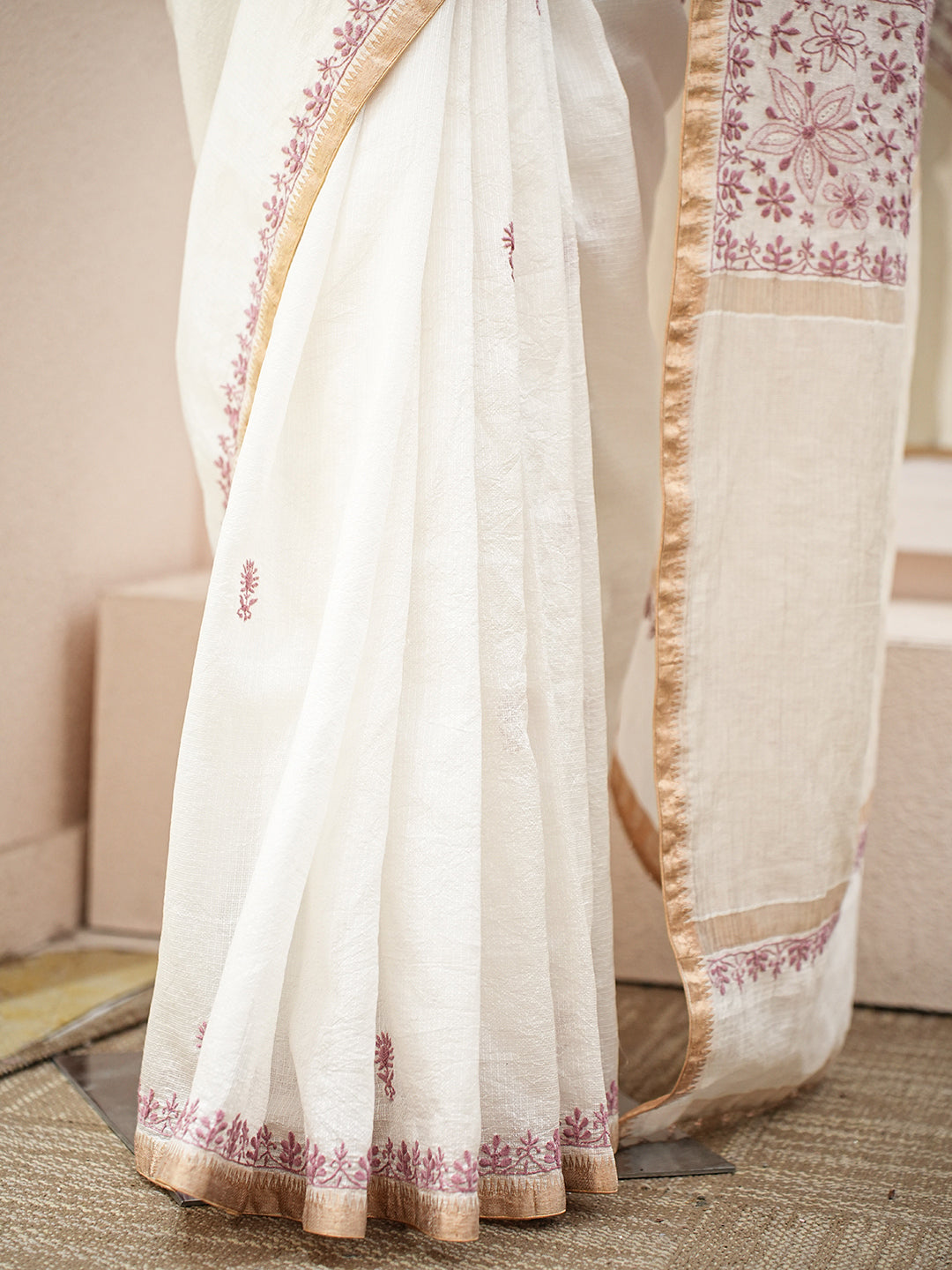 Ada Hand Embroidered White Ivory Kota Silk Lucknowi Chikankari Saree and Blouse 07A500430