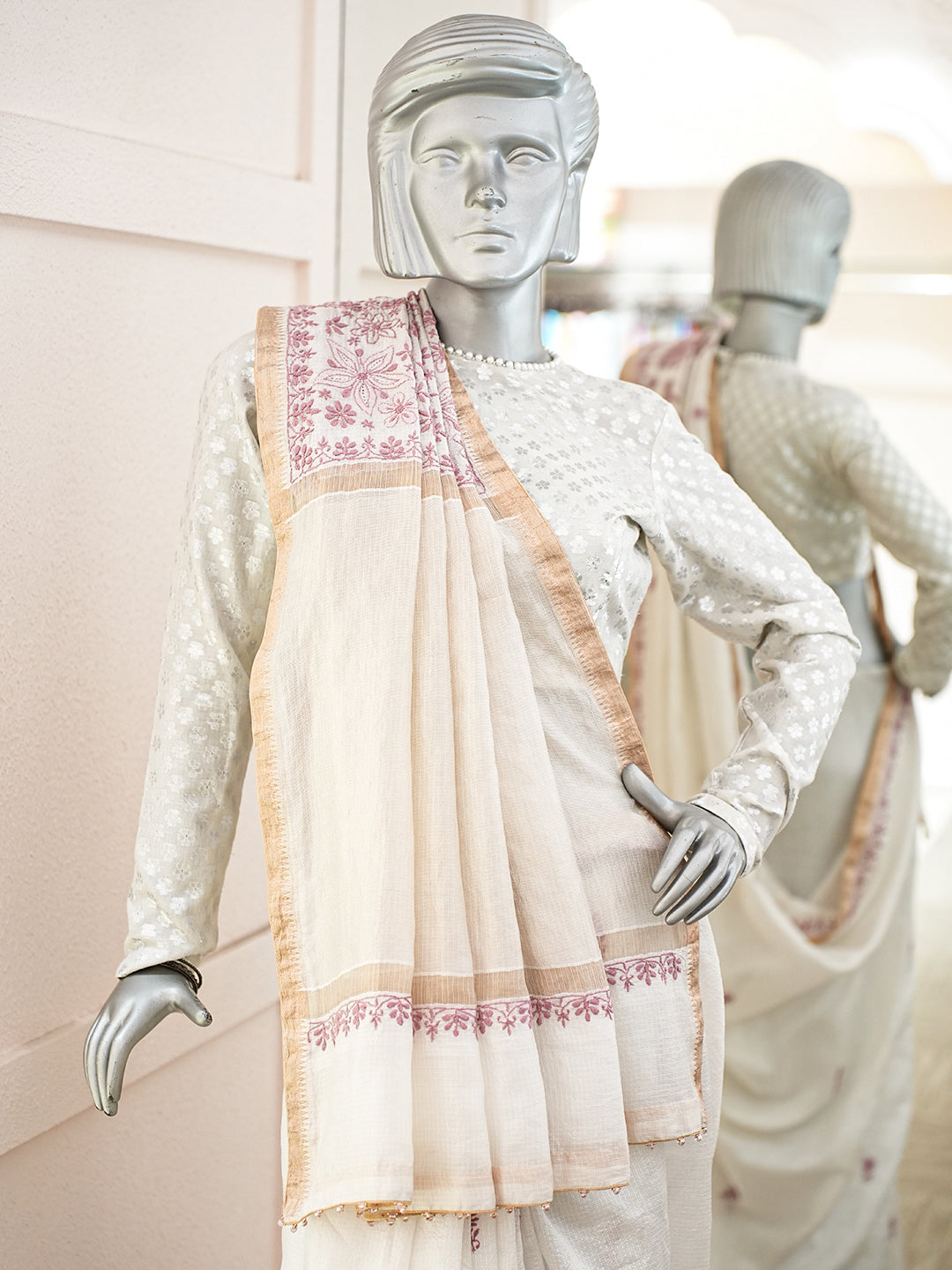 Ada Hand Embroidered White Ivory Kota Silk Lucknowi Chikankari Saree and Blouse 07A500430