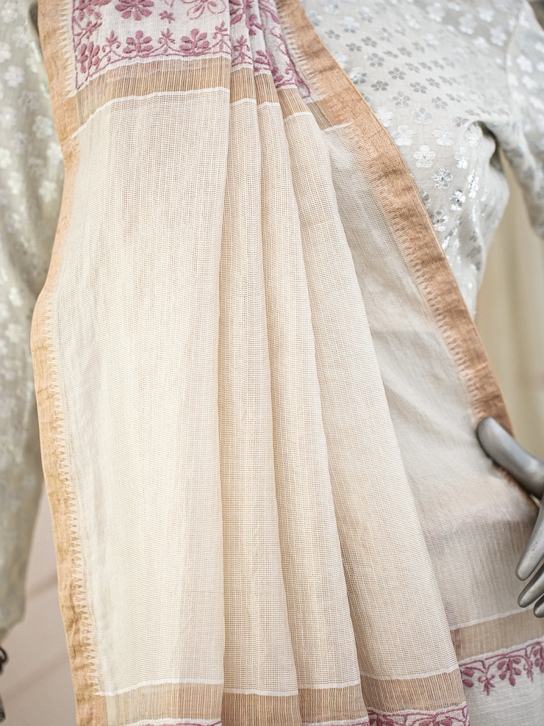 Ada Hand Embroidered White Ivory Kota Silk Lucknowi Chikankari Saree and Blouse 07A500430