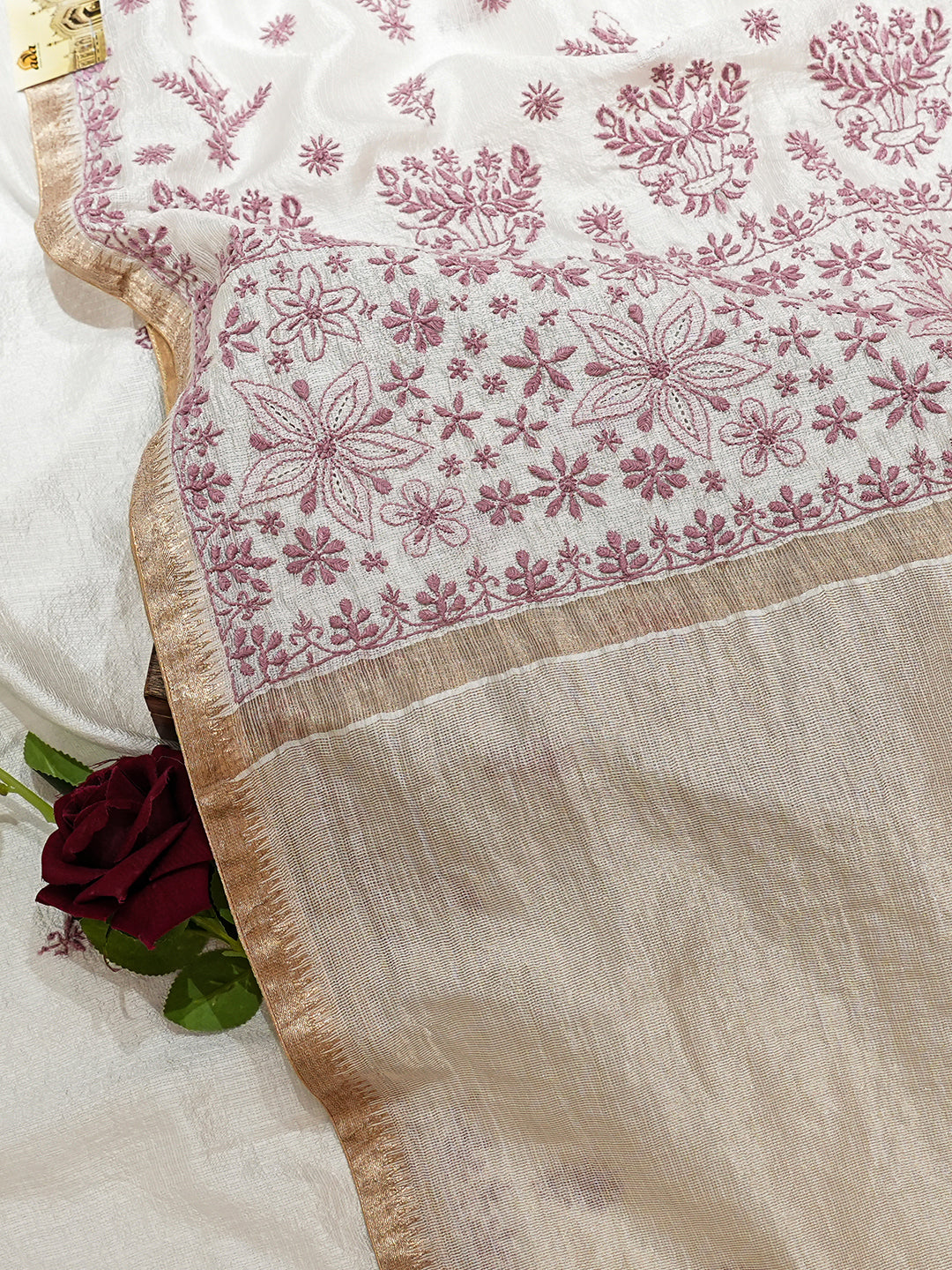 Ada Hand Embroidered White Ivory Kota Silk Lucknowi Chikankari Saree and Blouse 07A500430