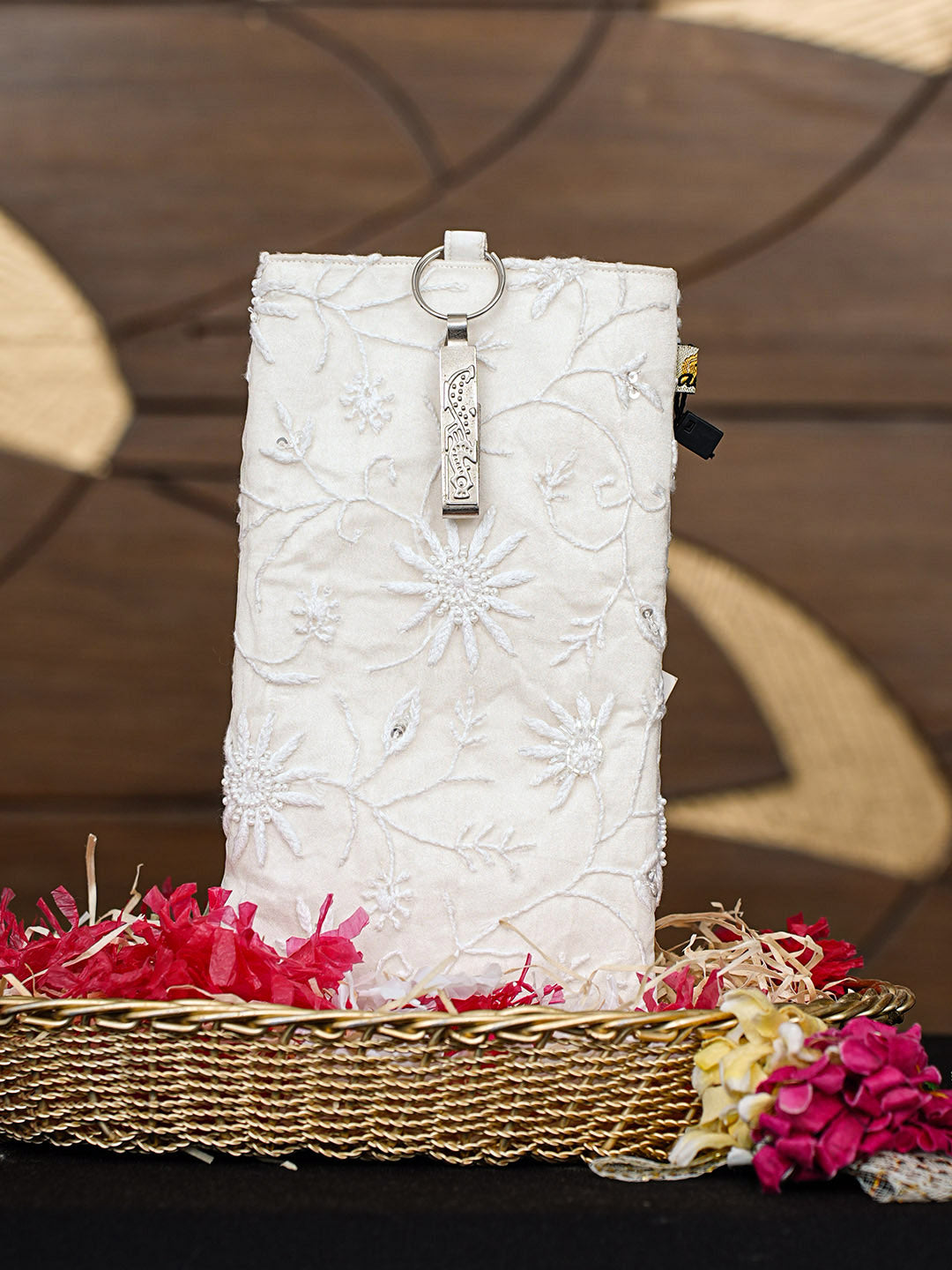 Ada Hand Embroidered White Ivory Organza Lucknowi Chikankari Mobile Cover With Cutdana Work 01A913063