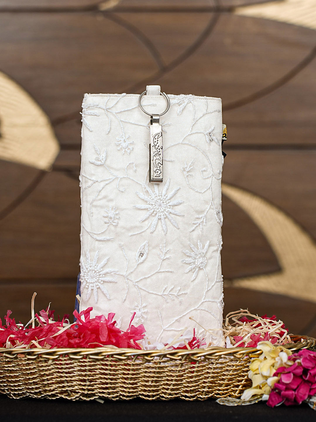Ada Hand Embroidered White Ivory Organza Lucknowi Chikankari Mobile Cover With Cutdana Work 01A913063