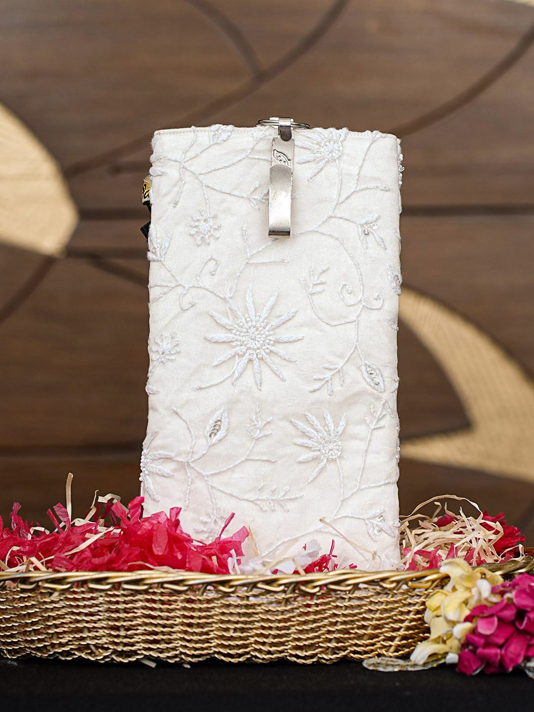 Ada Hand Embroidered White Ivory Organza Lucknowi Chikankari Mobile Cover With Cutdana Work 01A913063