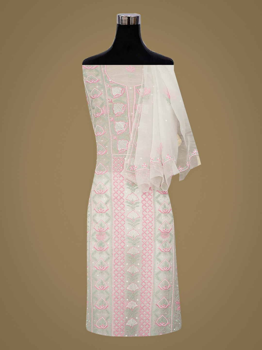 Ada Hand Embroidered White Ivory Organza Unstitched Lucknowi Chikankari Kurta Dupatta Set With Cutdana Work 01A997396