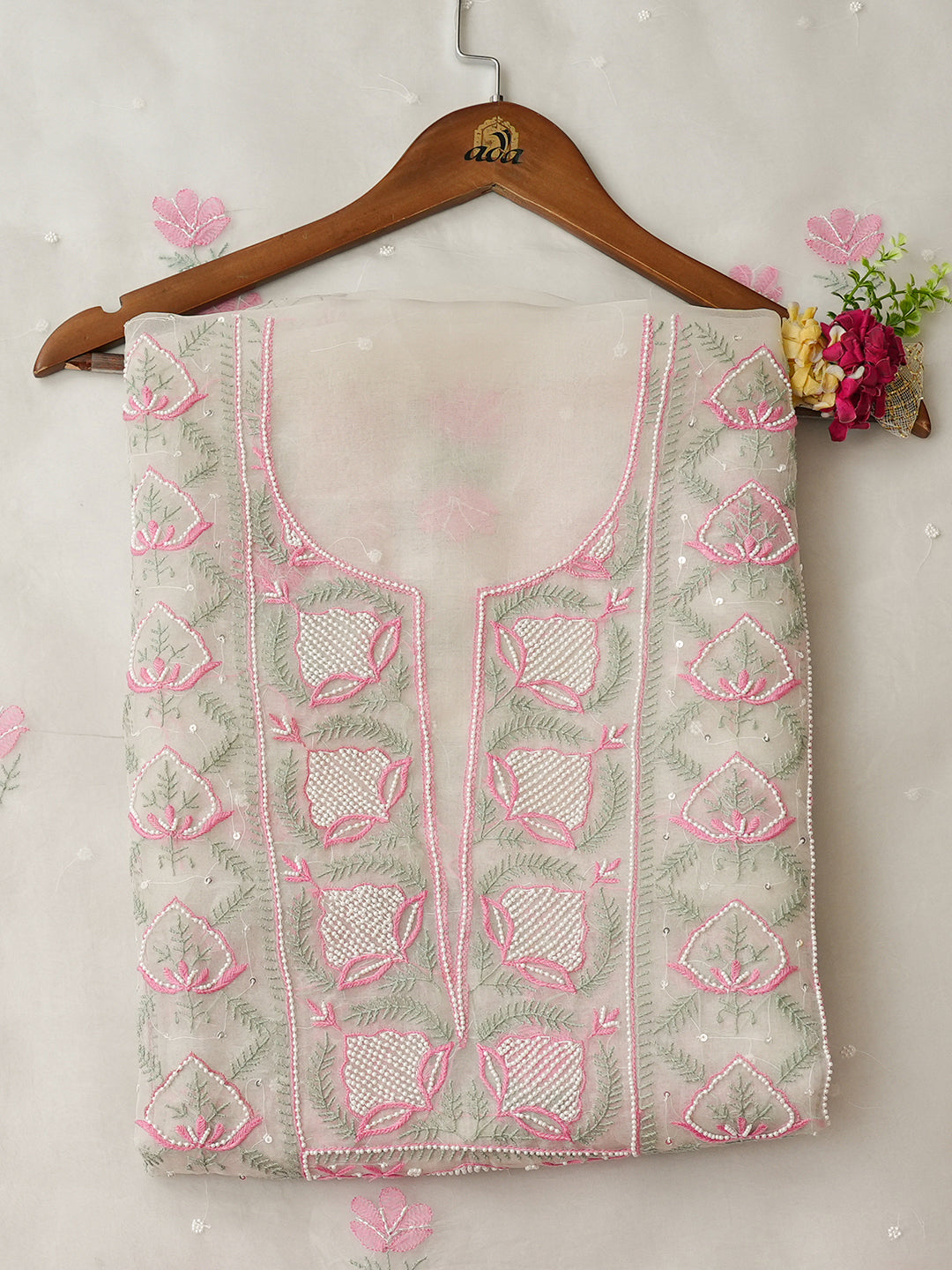Ada Hand Embroidered White Ivory Organza Unstitched Lucknowi Chikankari Kurta Dupatta Set With Cutdana Work 01A997396