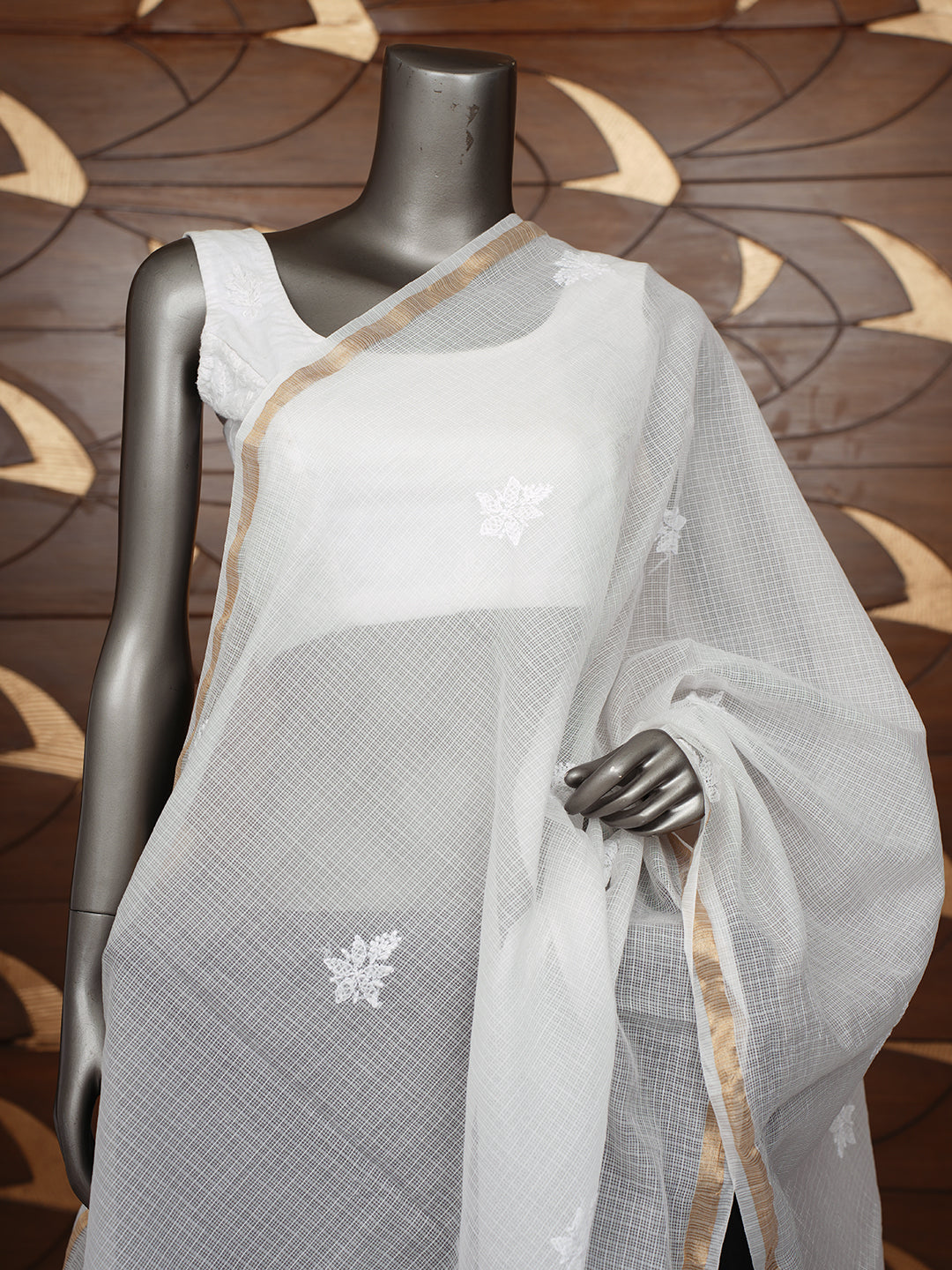 Ada Hand Embroidered White Kota Chanderi Lucknowi Chikankari Dupatta 01A1014228_1