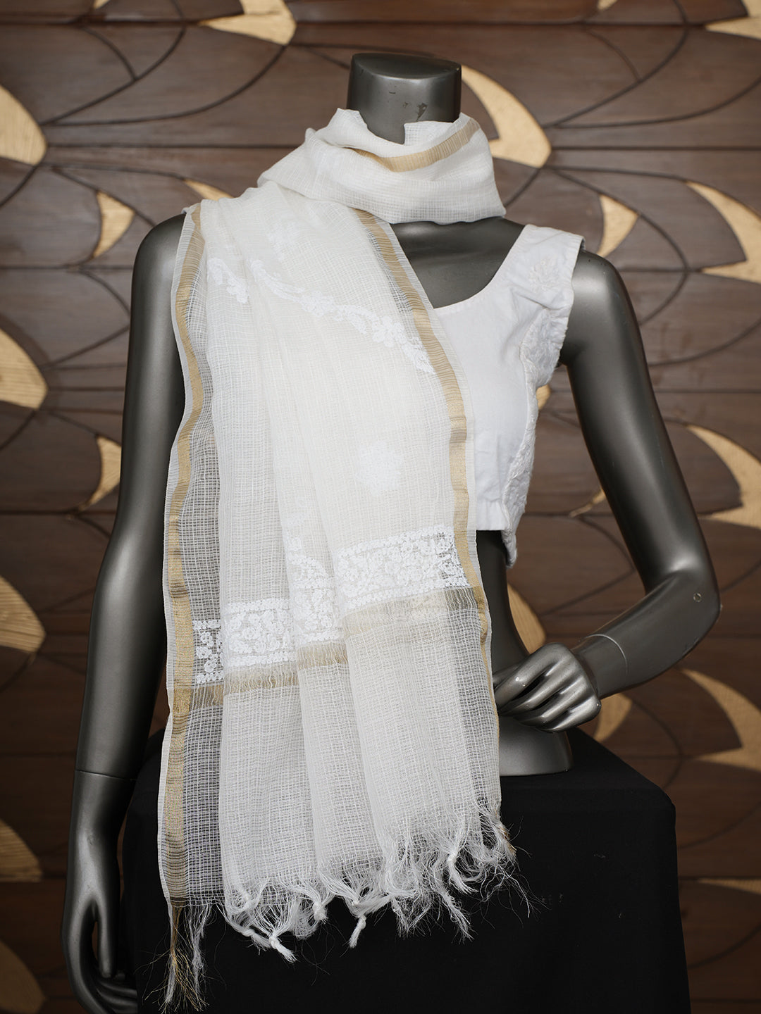Ada Hand Embroidered White Kota Chanderi Lucknowi Chikankari Dupatta 01A960511