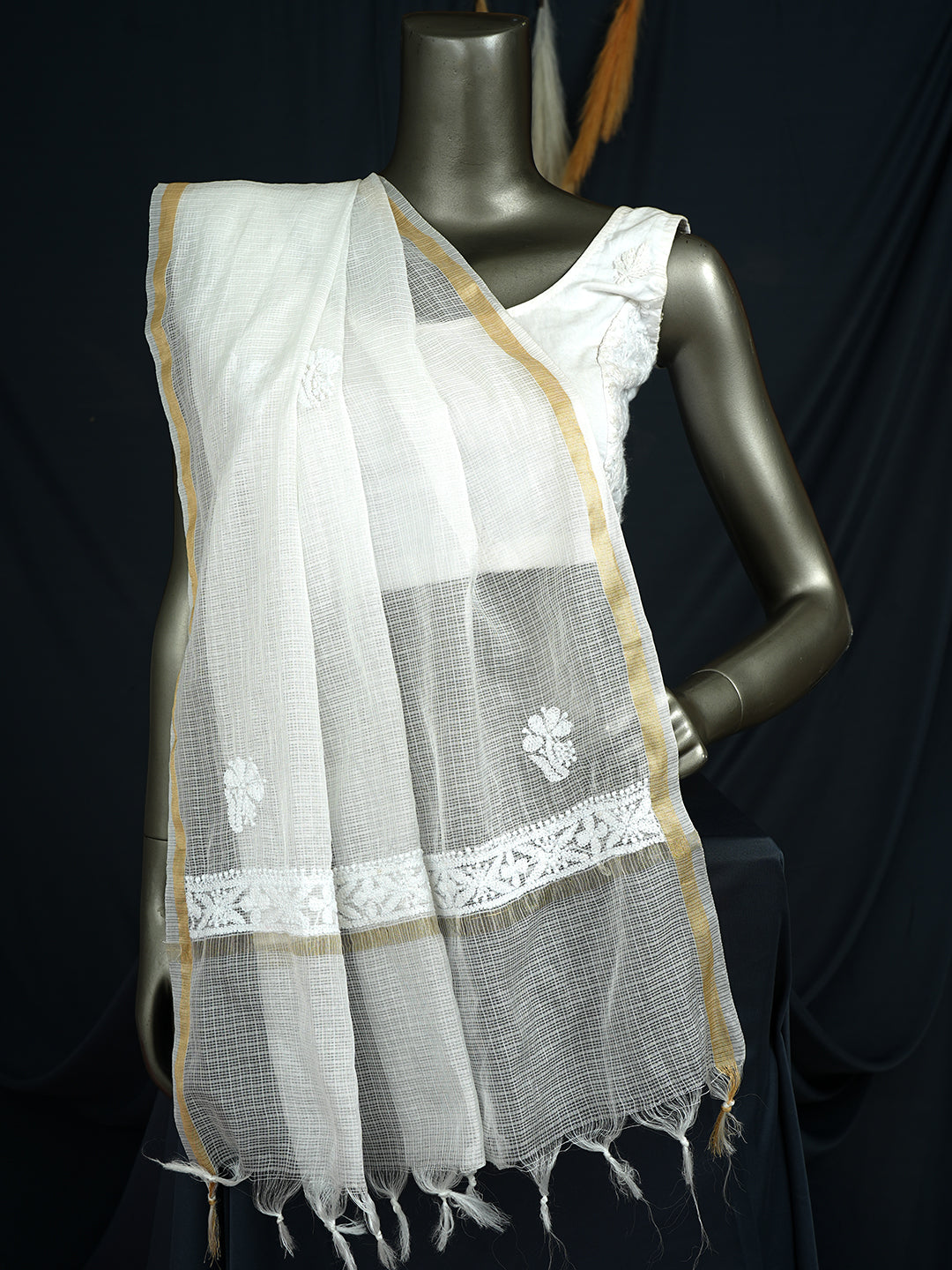 Ada Hand Embroidered White Kota Chanderi Lucknowi Chikankari Dupatta 01A997042