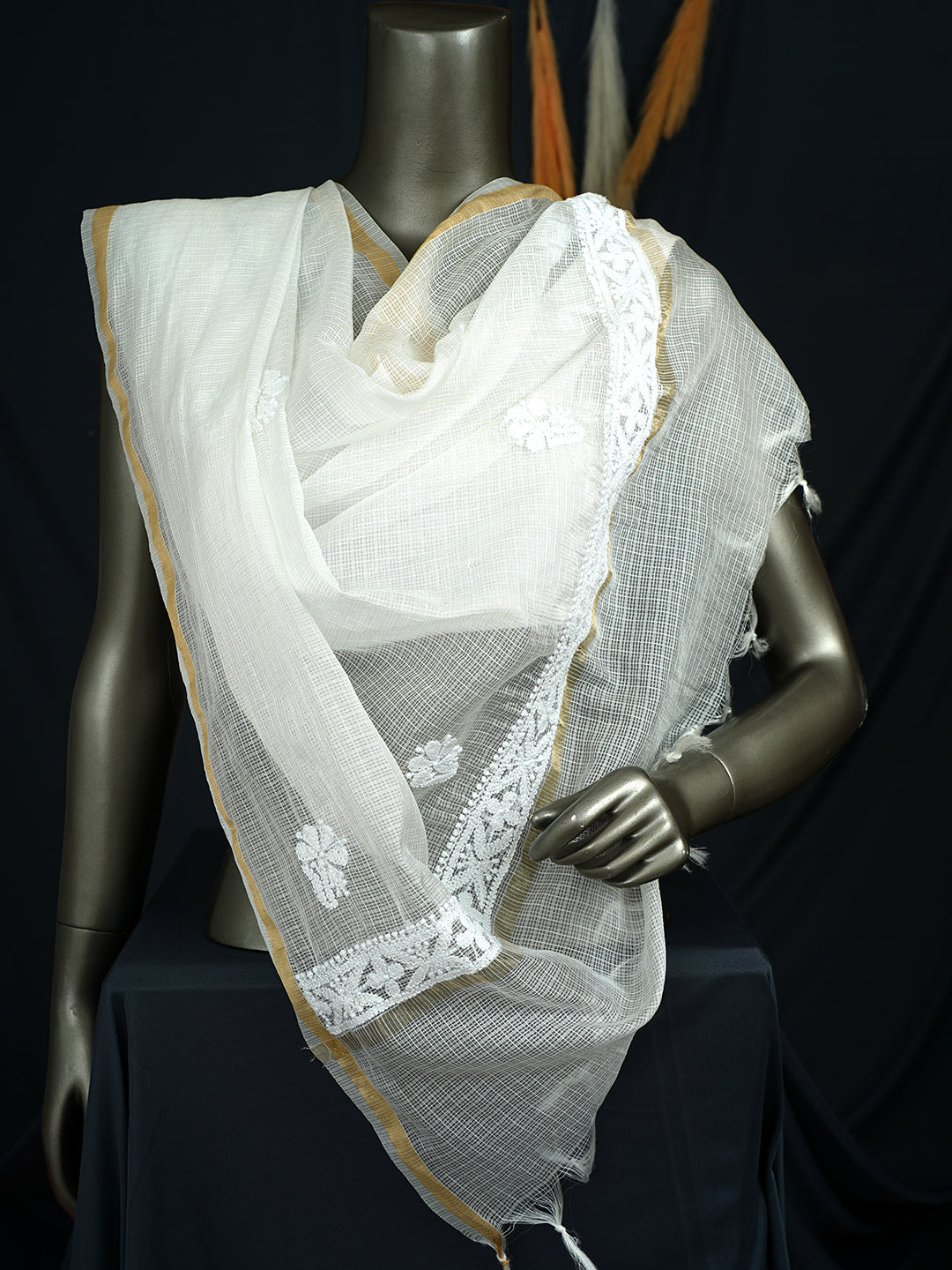 Ada Hand Embroidered White Kota Chanderi Lucknowi Chikankari Dupatta 01A997042