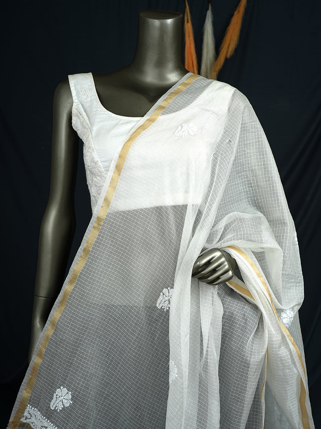 Ada Hand Embroidered White Kota Chanderi Lucknowi Chikankari Dupatta 01A997042