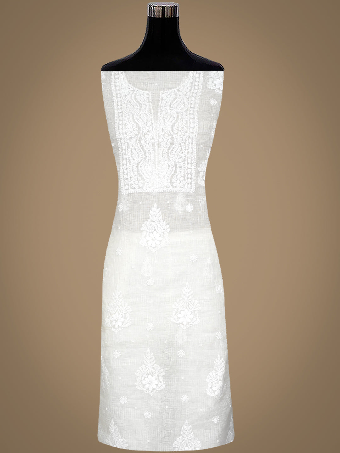 Ada Hand Embroidered White Kota Chanderi Lucknowi Chikankari Unstitched Kurta Dupatta Set With Cutdana Work 01A972851