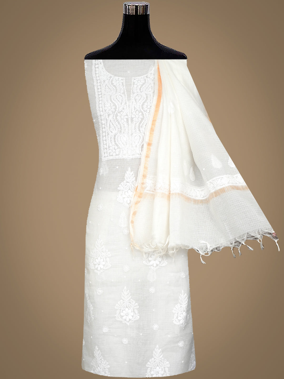 Ada Hand Embroidered White Kota Chanderi Lucknowi Chikankari Unstitched Kurta Dupatta Set With Cutdana Work 01A972851