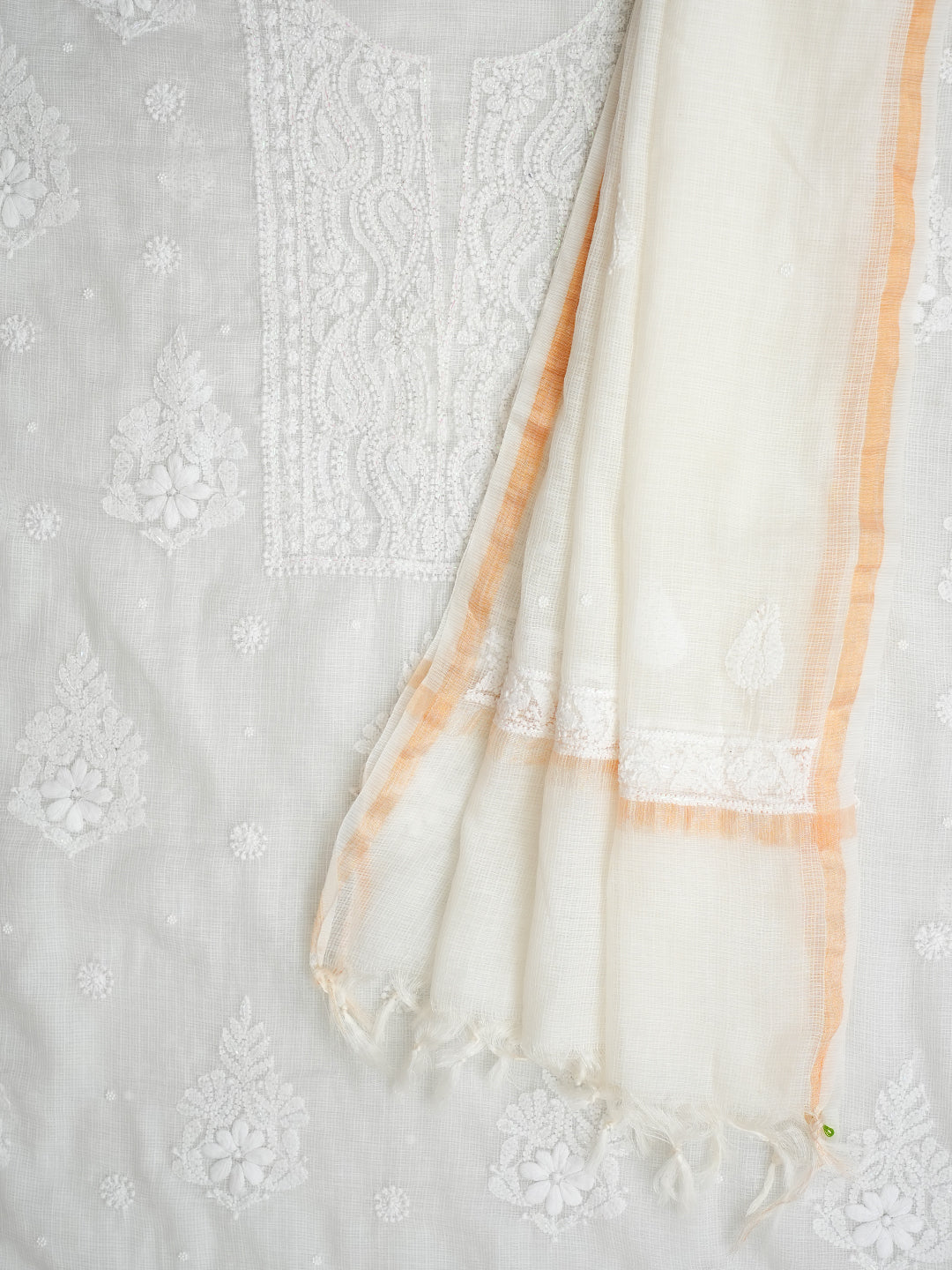 Ada Hand Embroidered White Kota Chanderi Lucknowi Chikankari Unstitched Kurta Dupatta Set With Cutdana Work 01A972851