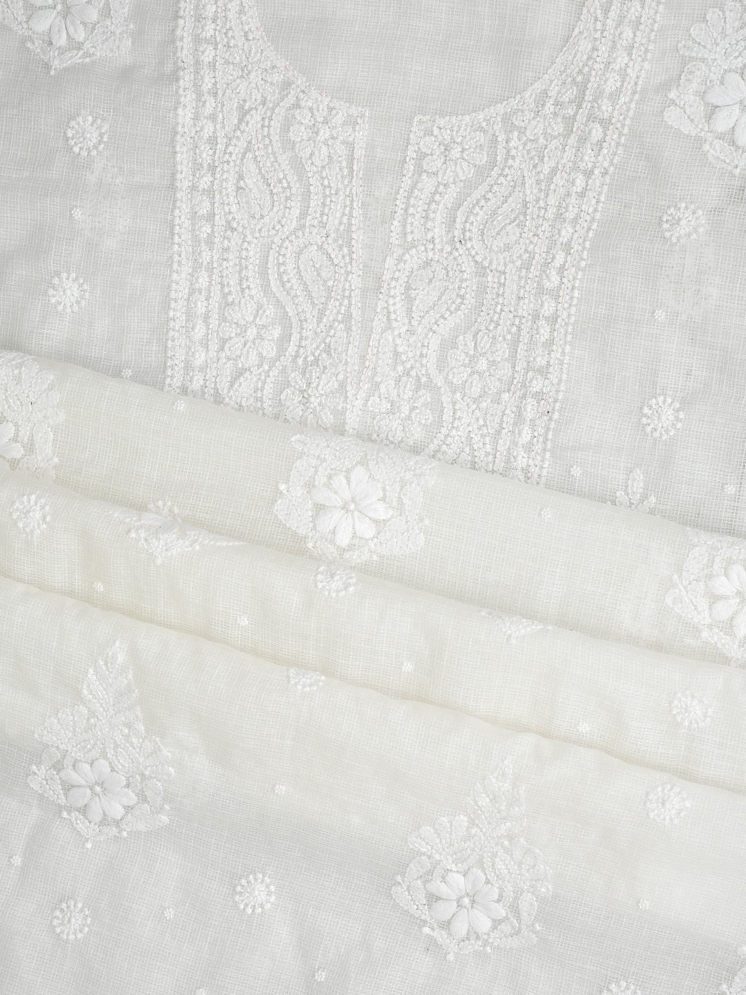 Ada Hand Embroidered White Kota Chanderi Lucknowi Chikankari Unstitched Kurta Dupatta Set With Cutdana Work 01A972851