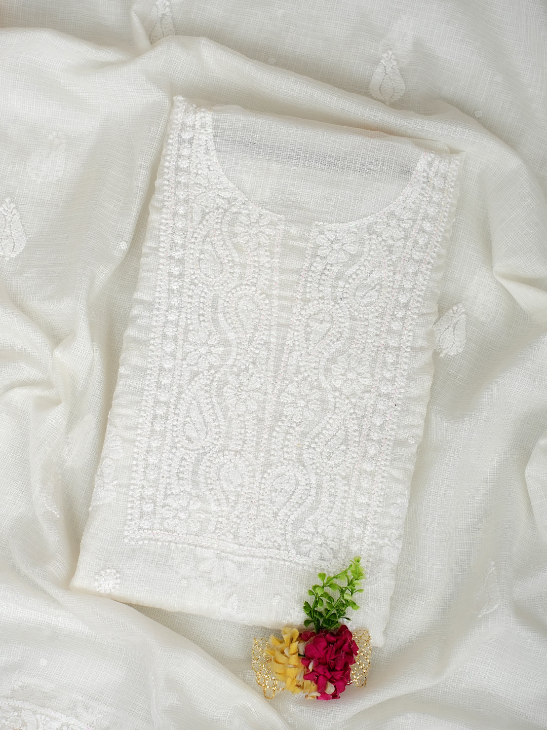 Ada Hand Embroidered White Kota Chanderi Lucknowi Chikankari Unstitched Kurta Dupatta Set With Cutdana Work 01A972851