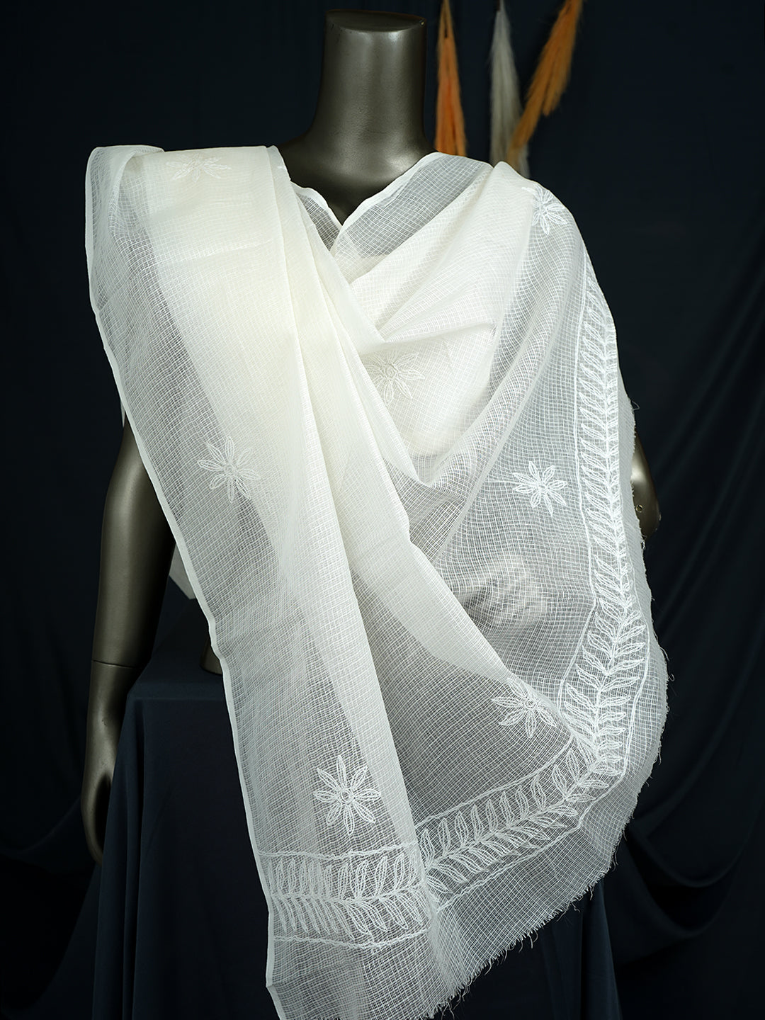 Ada Hand Embroidered White Kota Lucknowi Chikankari Dupatta 01A731051