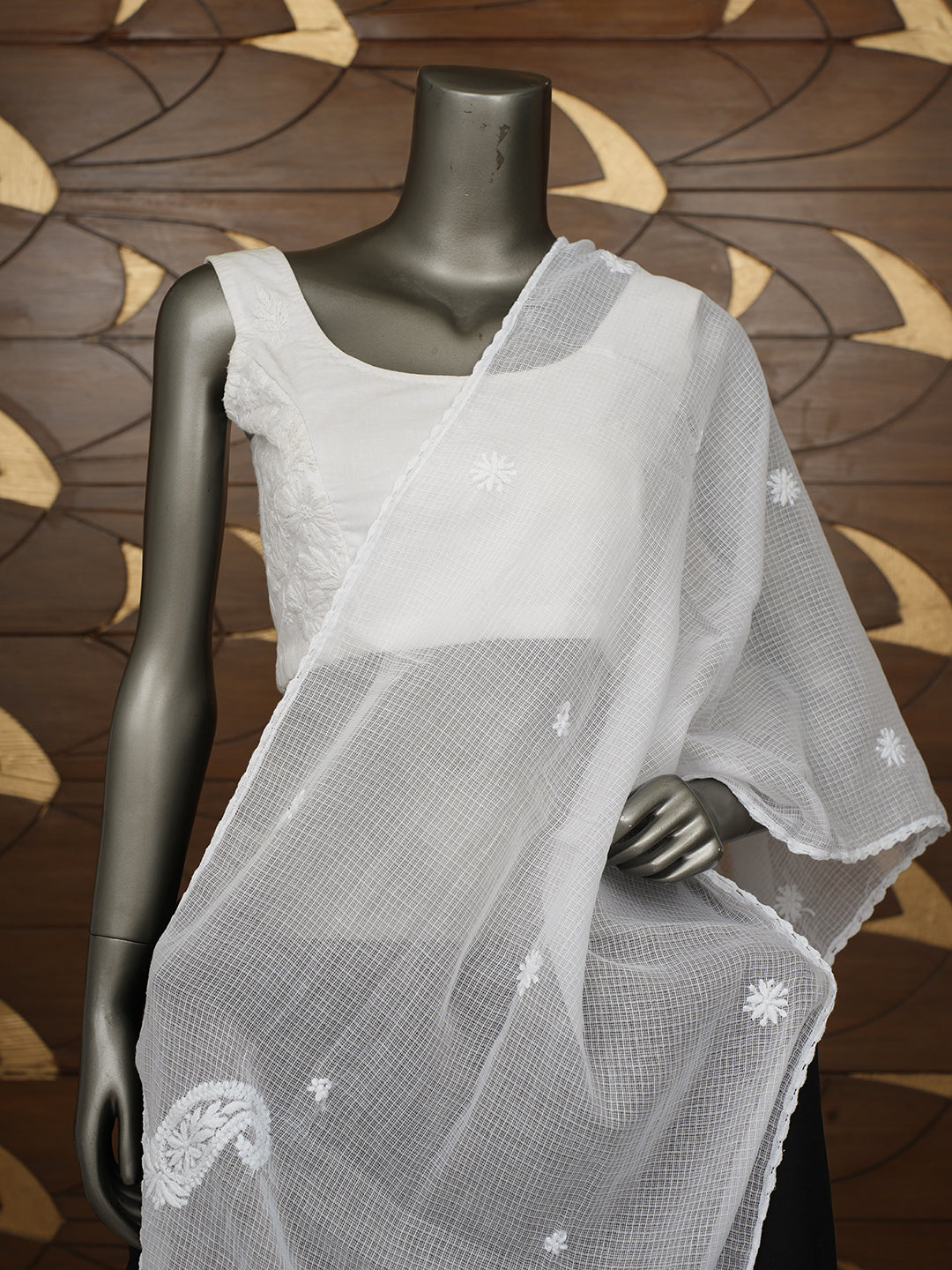 Ada Hand Embroidered White Kota Lucknowi Chikankari Dupatta 01A985390