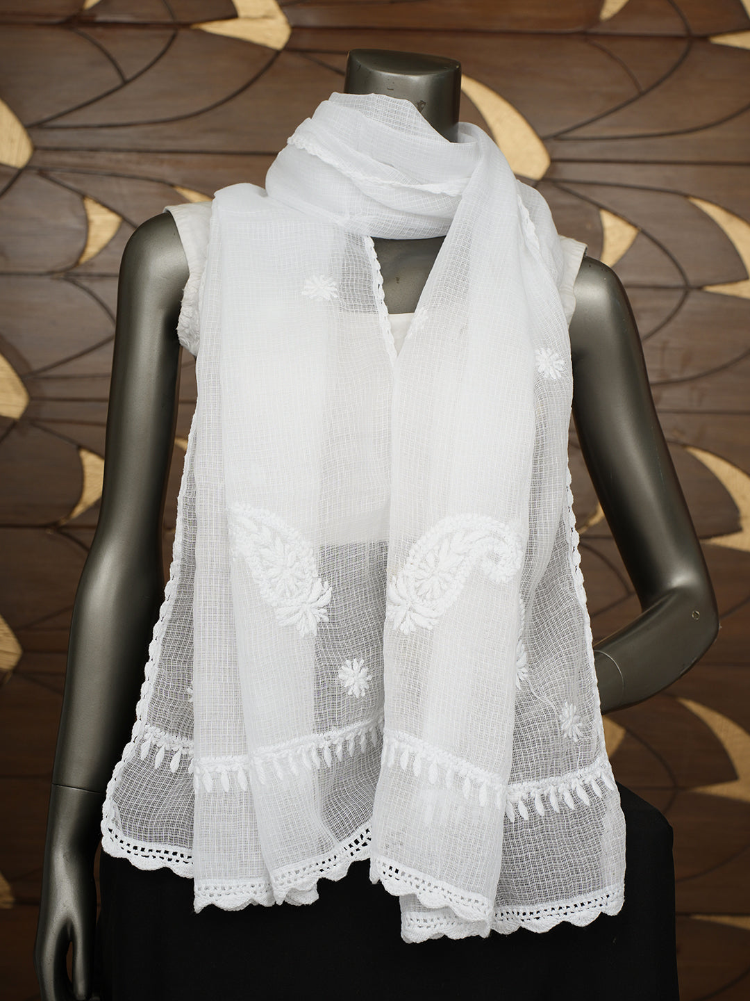 Ada Hand Embroidered White Kota Lucknowi Chikankari Dupatta 01A985390