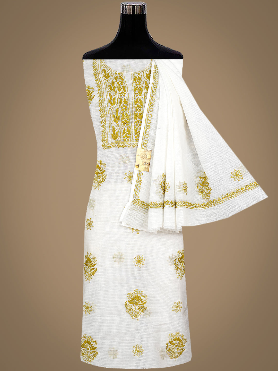 Ada Hand Embroidered White Kota Lucknowi Chikankari Unstitched Kurta Dupatta Set 01A987633