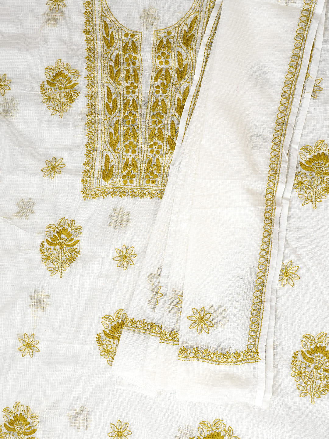Ada Hand Embroidered White Kota Lucknowi Chikankari Unstitched Kurta Dupatta Set 01A987633