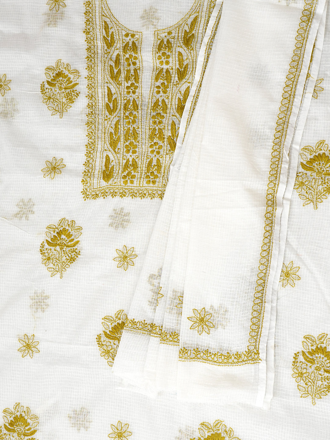 Ada Hand Embroidered White Kota Lucknowi Chikankari Unstitched Kurta Dupatta Set 01A987633