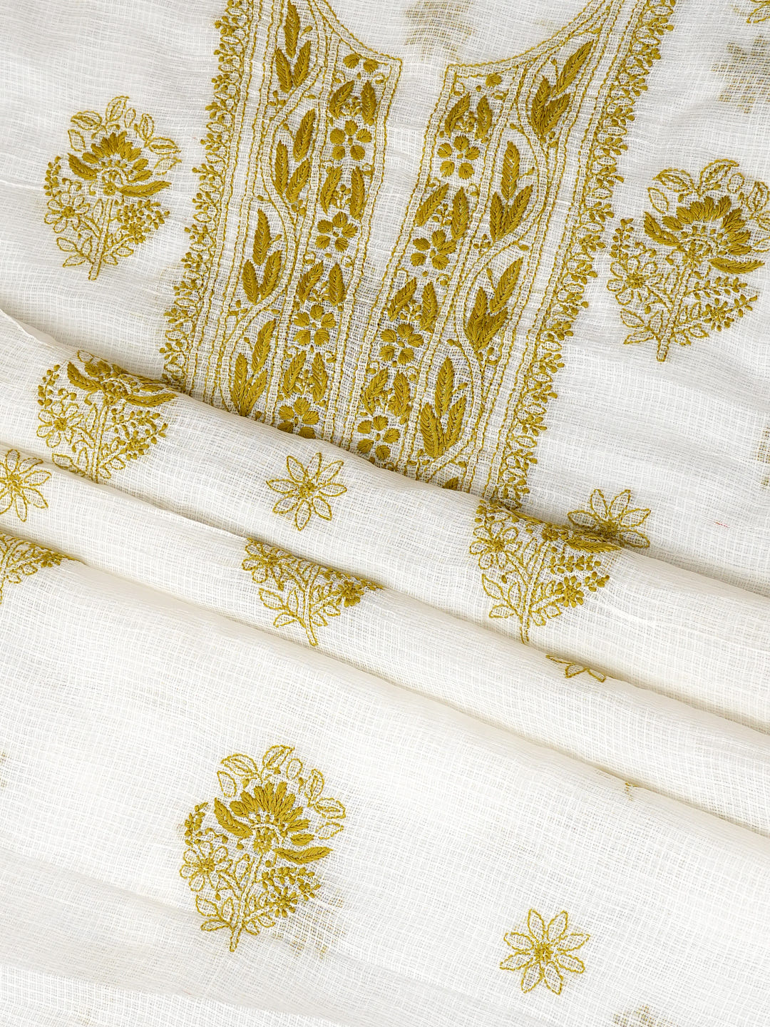 Ada Hand Embroidered White Kota Lucknowi Chikankari Unstitched Kurta Dupatta Set 01A987633