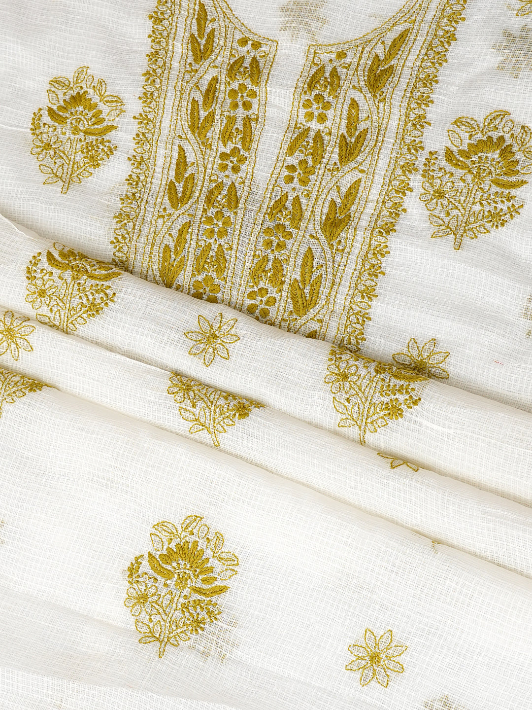 Ada Hand Embroidered White Kota Lucknowi Chikankari Unstitched Kurta Dupatta Set 01A987633