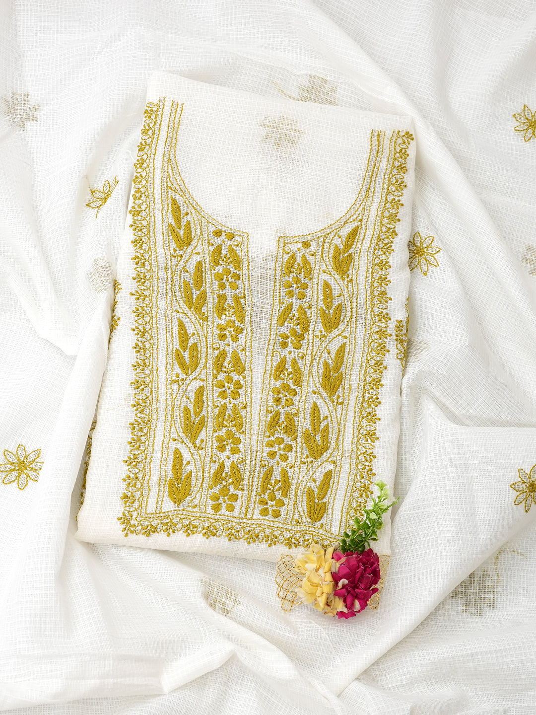 Ada Hand Embroidered White Kota Lucknowi Chikankari Unstitched Kurta Dupatta Set 01A987633