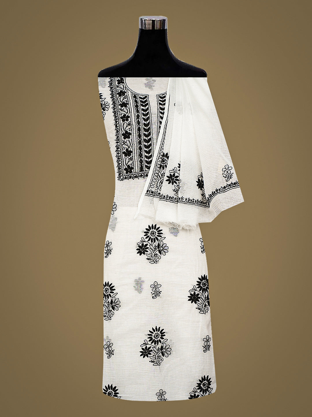 Ada Hand Embroidered White Kota Lucknowi Chikankari Unstitched Kurta Dupatta Set 01A987637