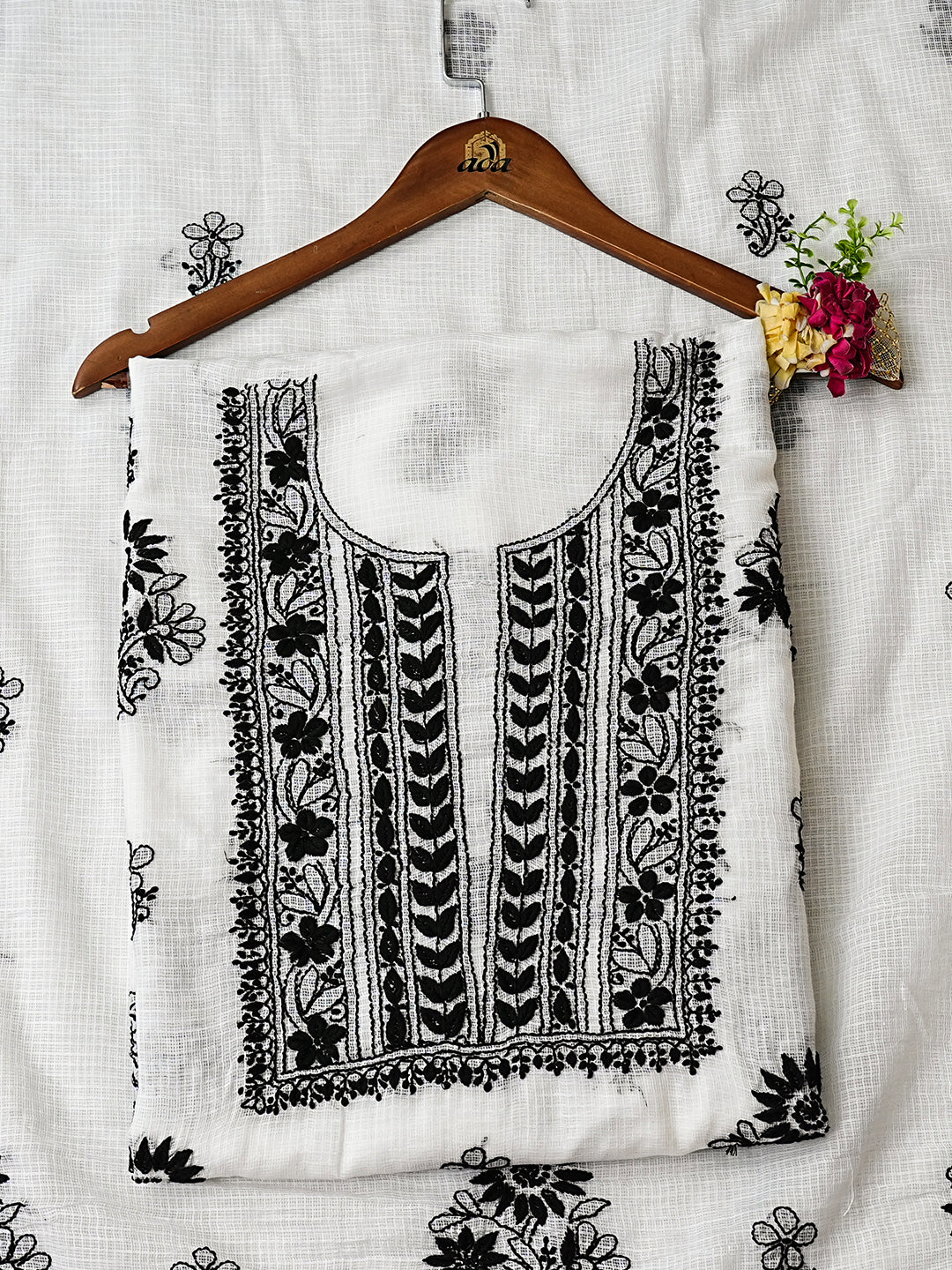Ada Hand Embroidered White Kota Lucknowi Chikankari Unstitched Kurta Dupatta Set 01A987637