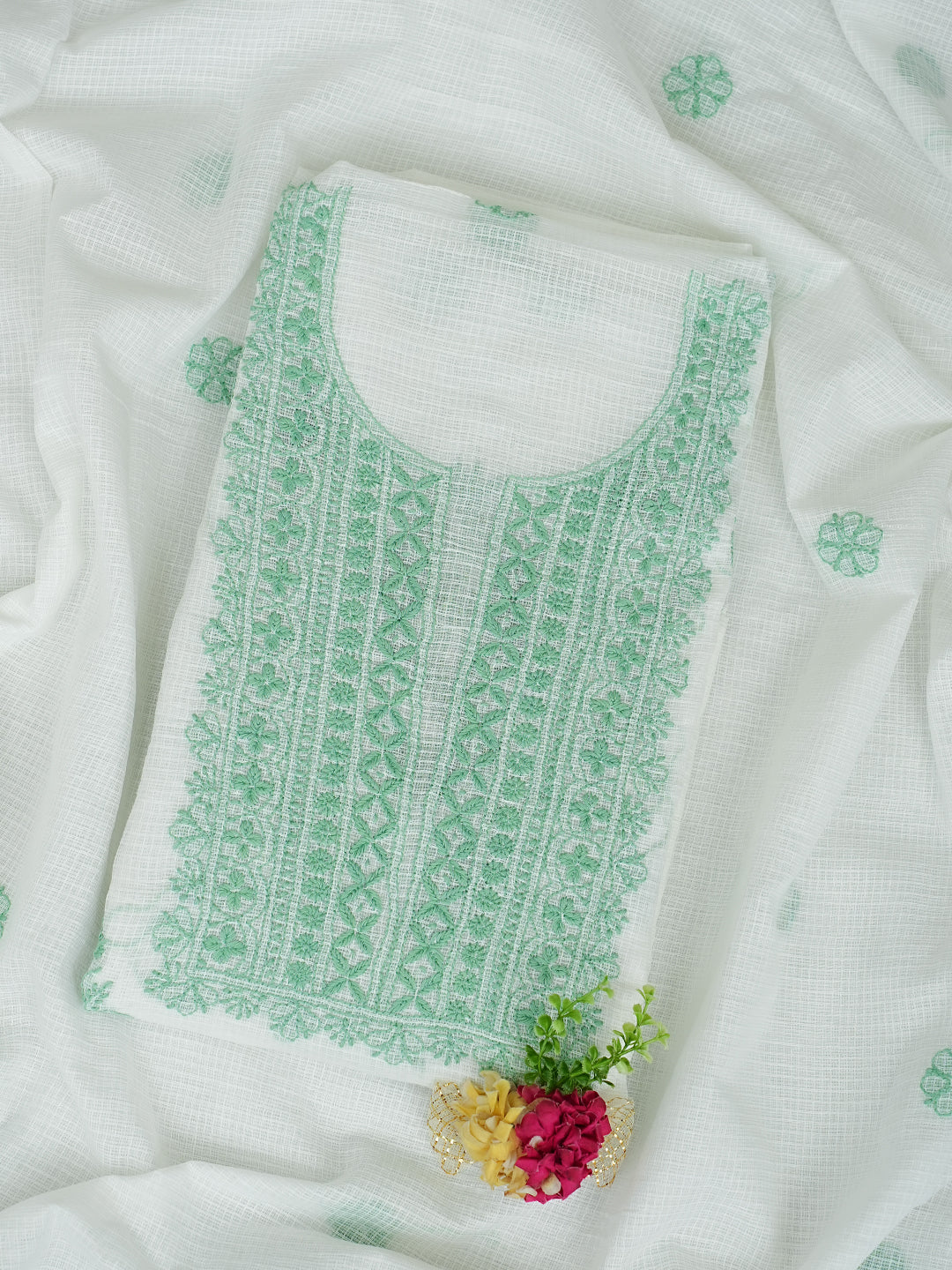 Ada White Kota Lucknowi Chikankari Unstitched Kurta Dupatta Set