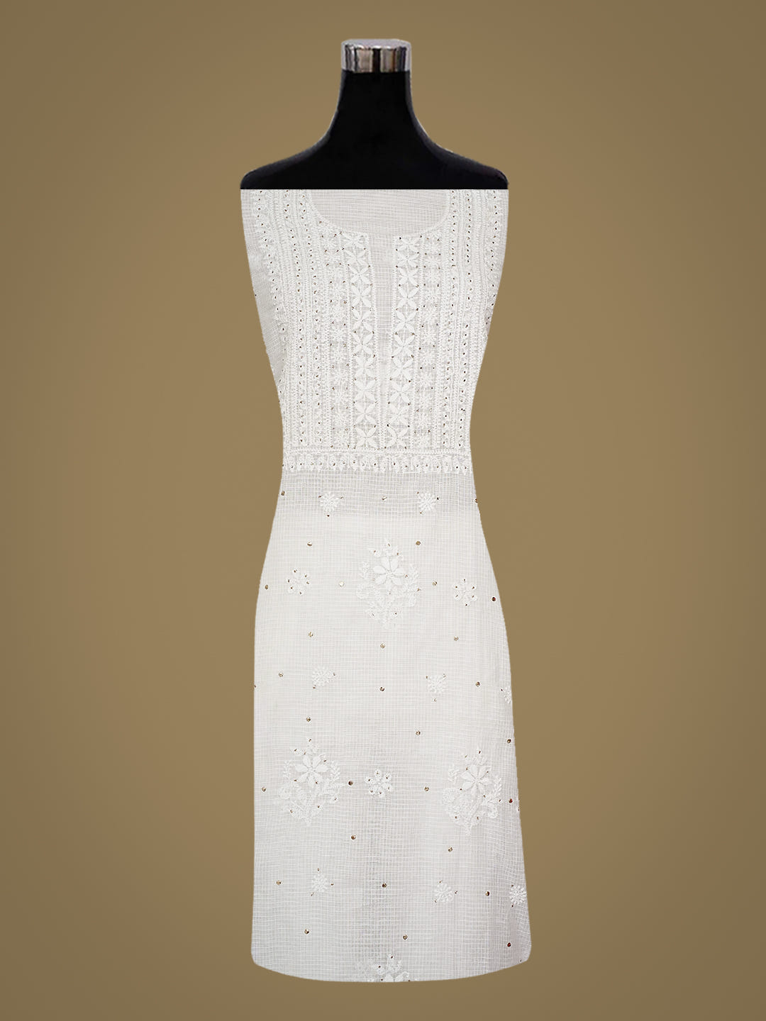 Ada Hand Embroidered White Kota Lucknowi Chikankari Unstitched Kurta Dupatta set With Muqaish/Mukaish work 01A209000