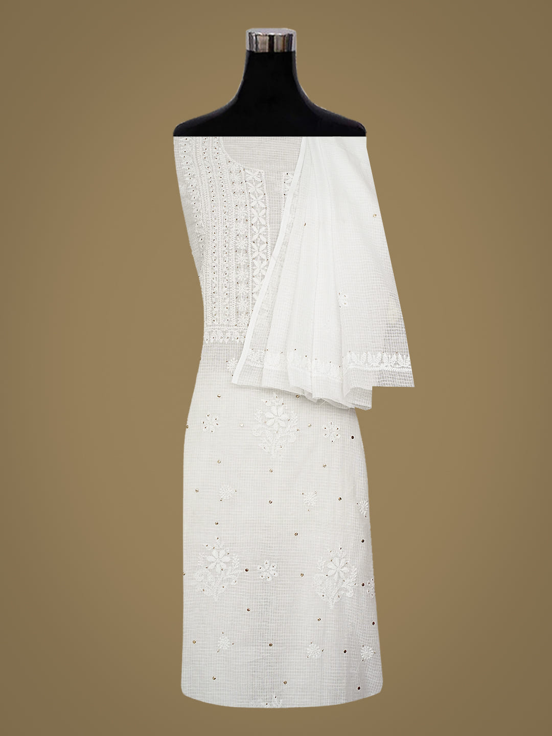 Ada Hand Embroidered White Kota Lucknowi Chikankari Unstitched Kurta Dupatta set With Muqaish/Mukaish work 01A209000