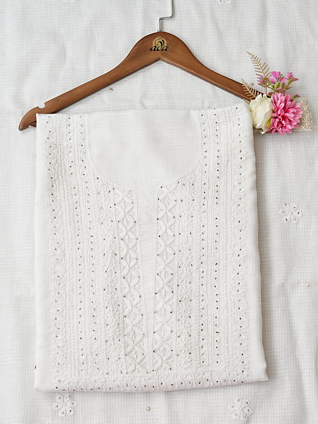 Ada Hand Embroidered White Kota Lucknowi Chikankari Unstitched Kurta Dupatta set With Muqaish/Mukaish work 01A209000