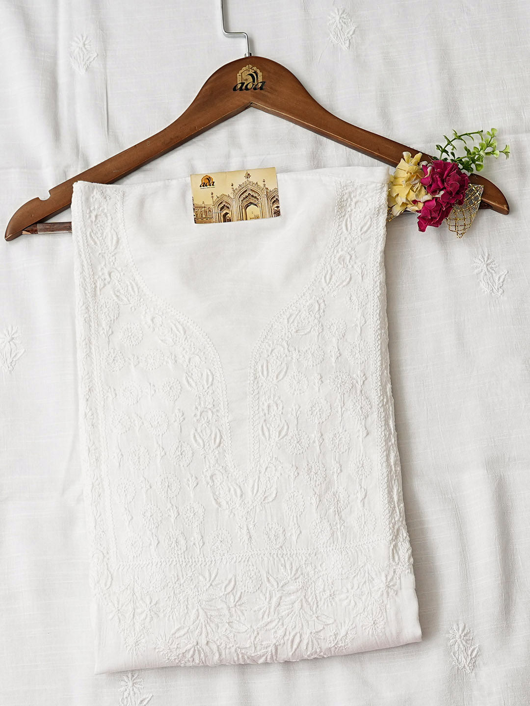 Ada Hand Embroidered White Linen Lucknowi Chikankari Semi-stitched Kurta Dupatta set 01A896773