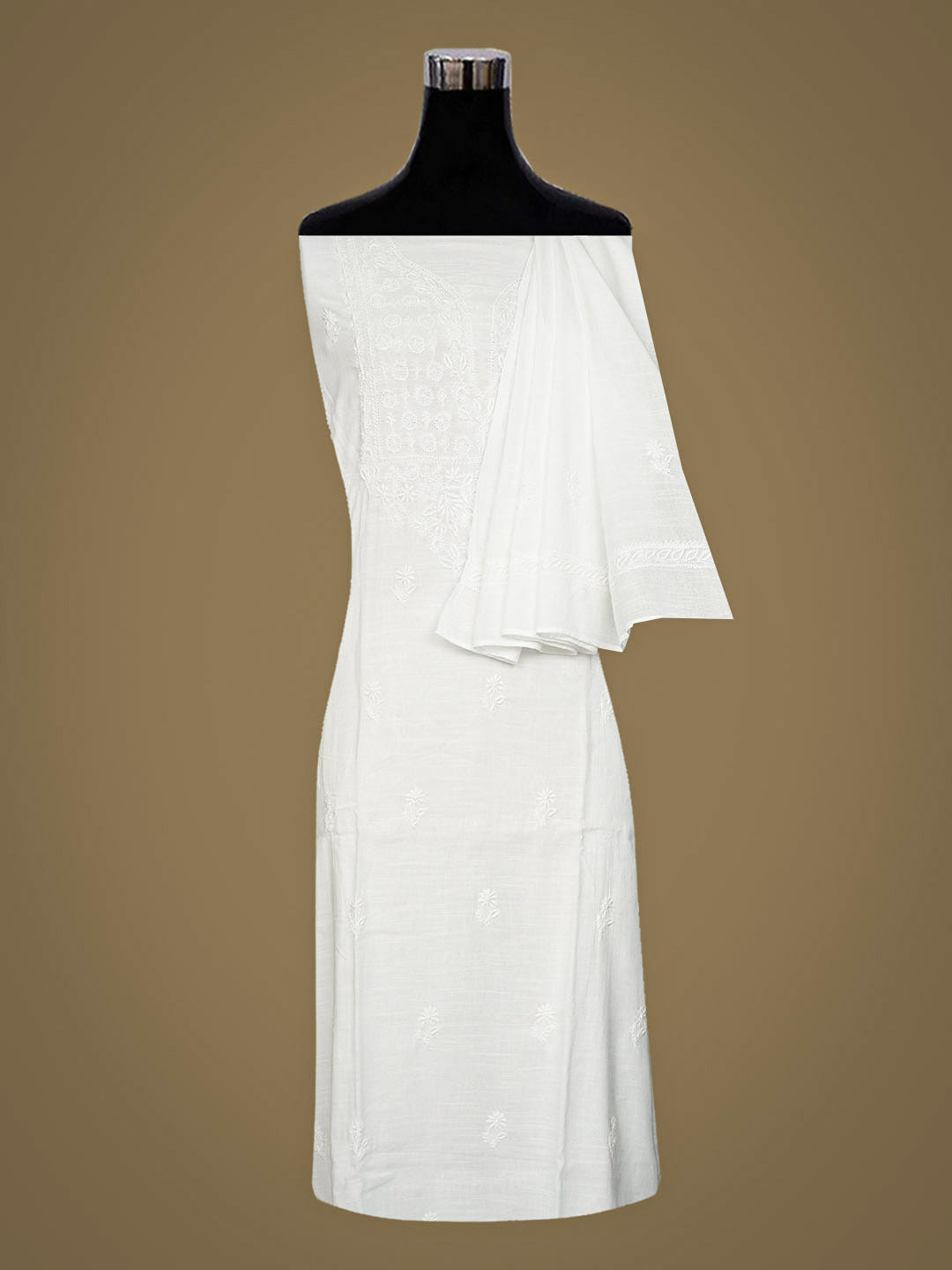 Ada Hand Embroidered White Linen Lucknowi Chikankari Semi-stitched Kurta Dupatta set 01A896773
