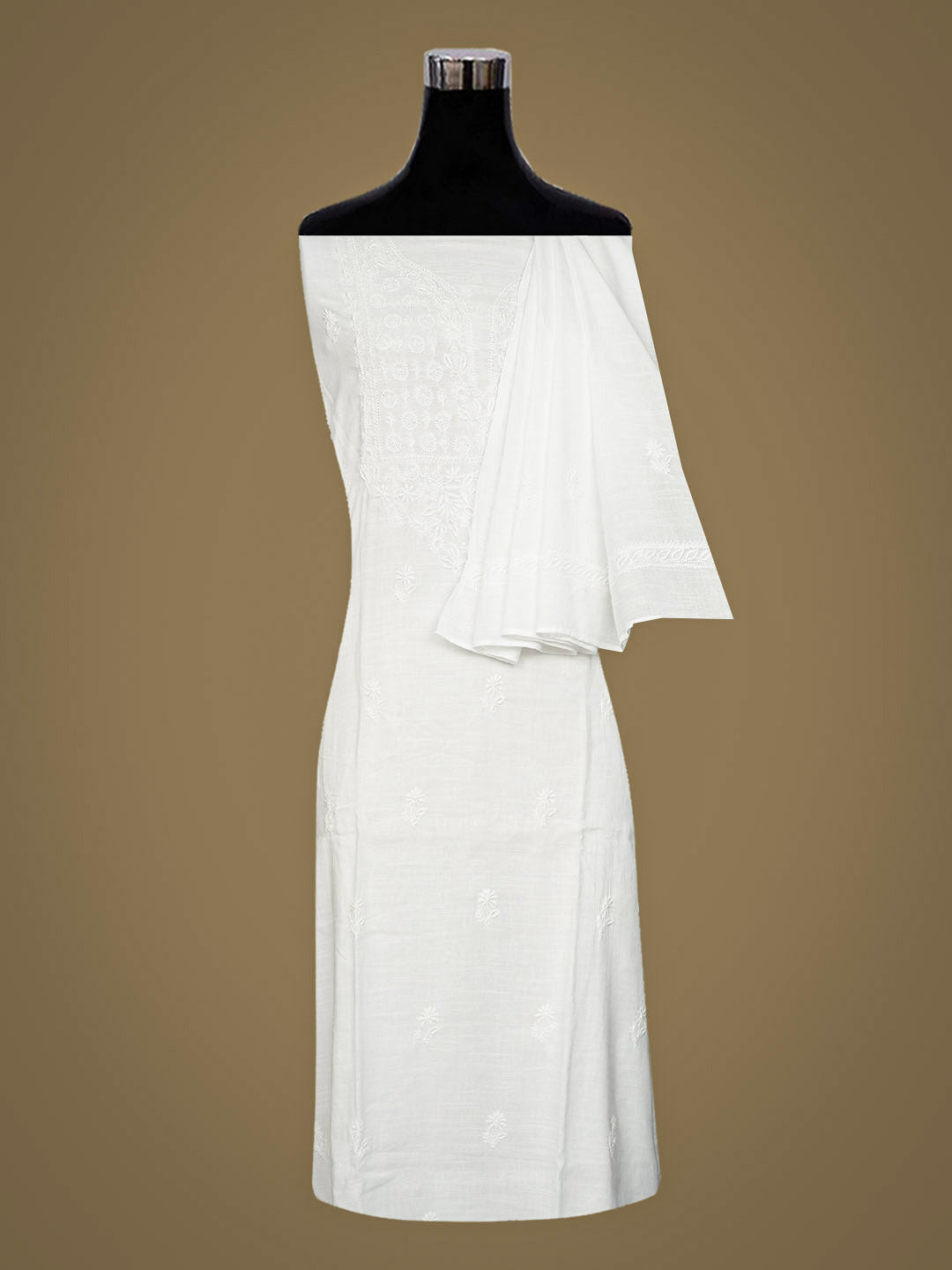 Ada Hand Embroidered White Linen Lucknowi Chikankari Semi-stitched Kurta Dupatta set 01A896773