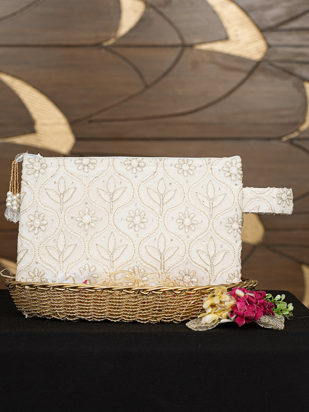 Ada Hand Embroidered White Old Lace Viscose Georgette Lucknowi Chikankari Pouch with Zari Work 01A959765