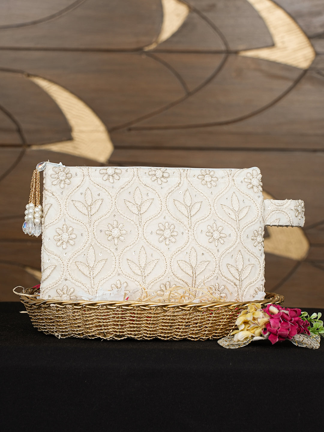 Ada Hand Embroidered White Old Lace Viscose Georgette Lucknowi Chikankari Pouch with Zari Work 01A959765